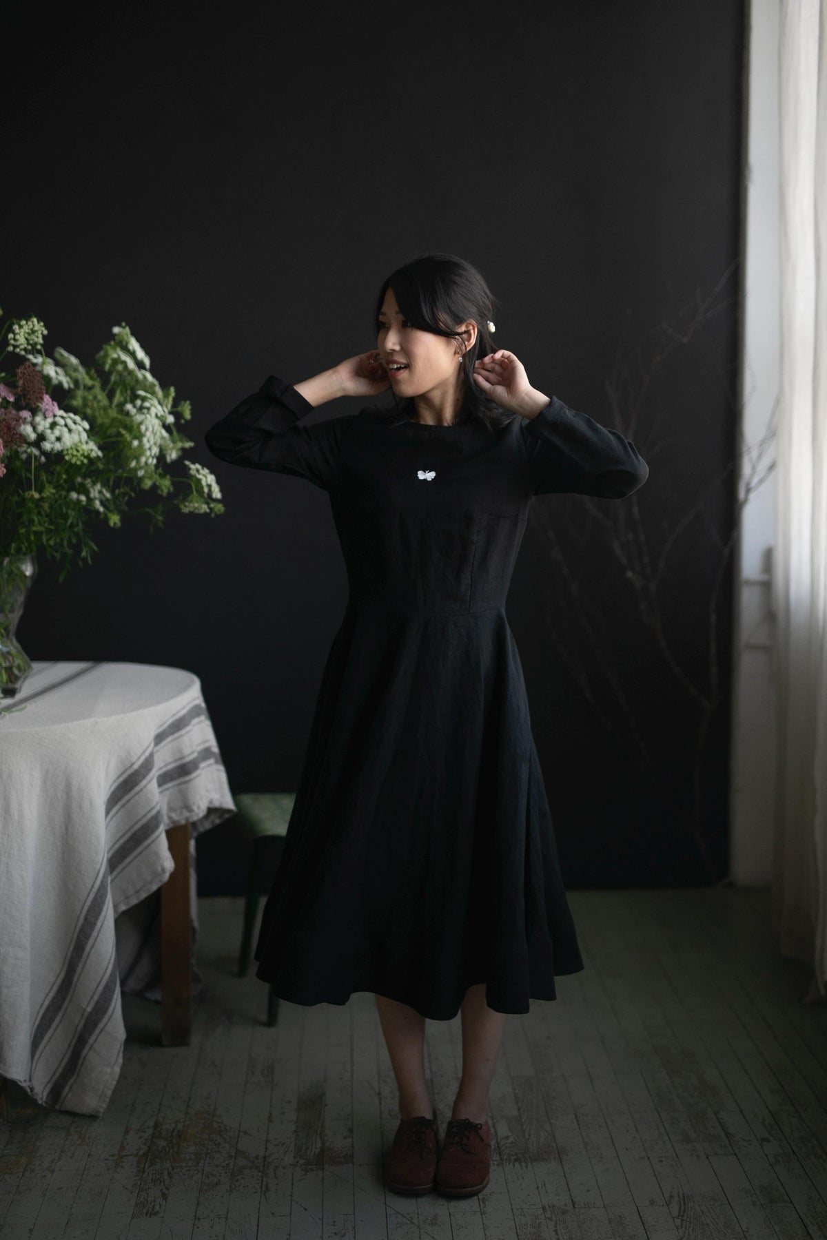 Black Midi Fitted Linen Dress
