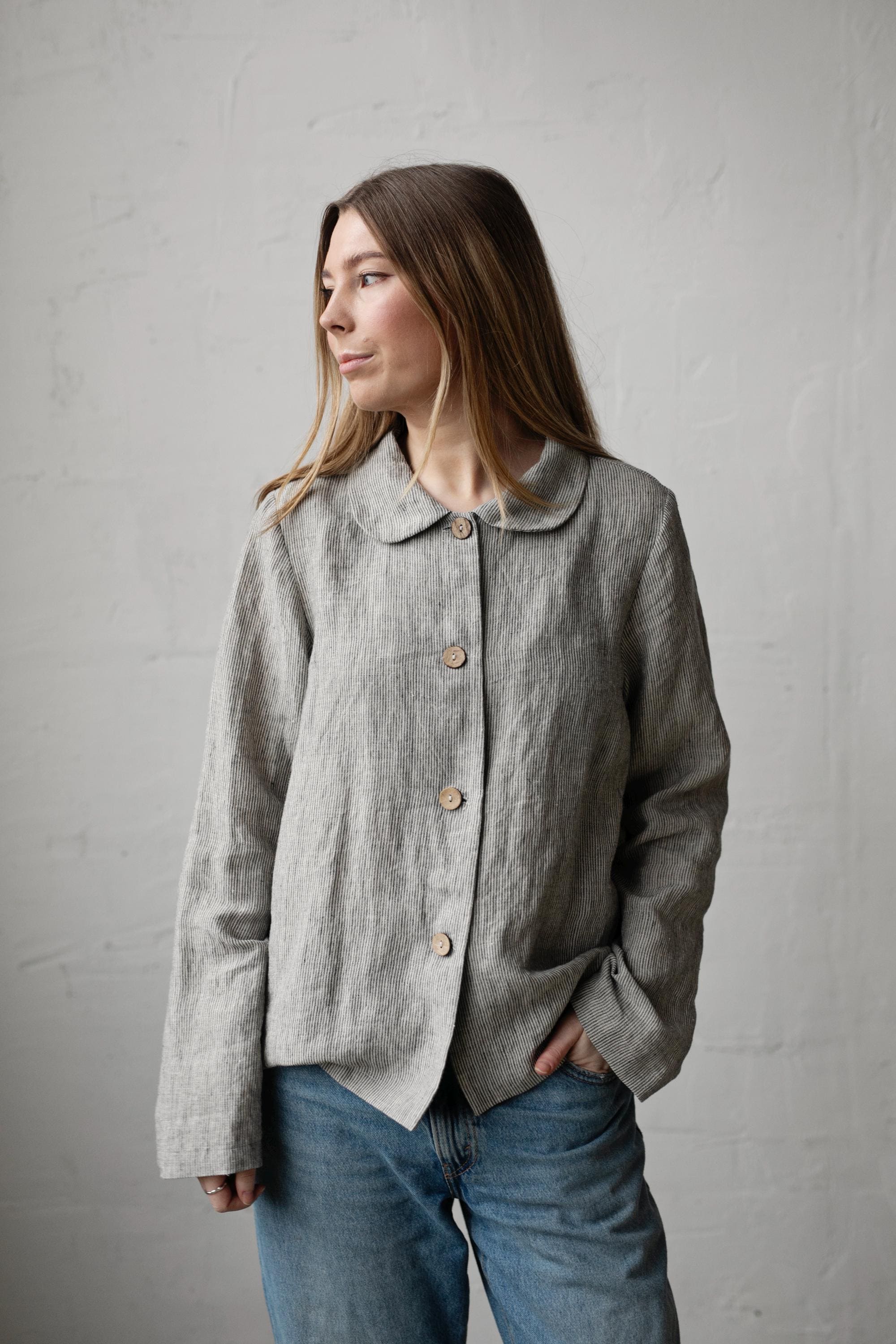 B&amp;W Stripe Festive Peter Pan Collar Linen Jacket