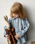 Baby Blue Linen Tunic Dress, 3-4 years, Wreath & spring rabbit embroidery (STOCK)