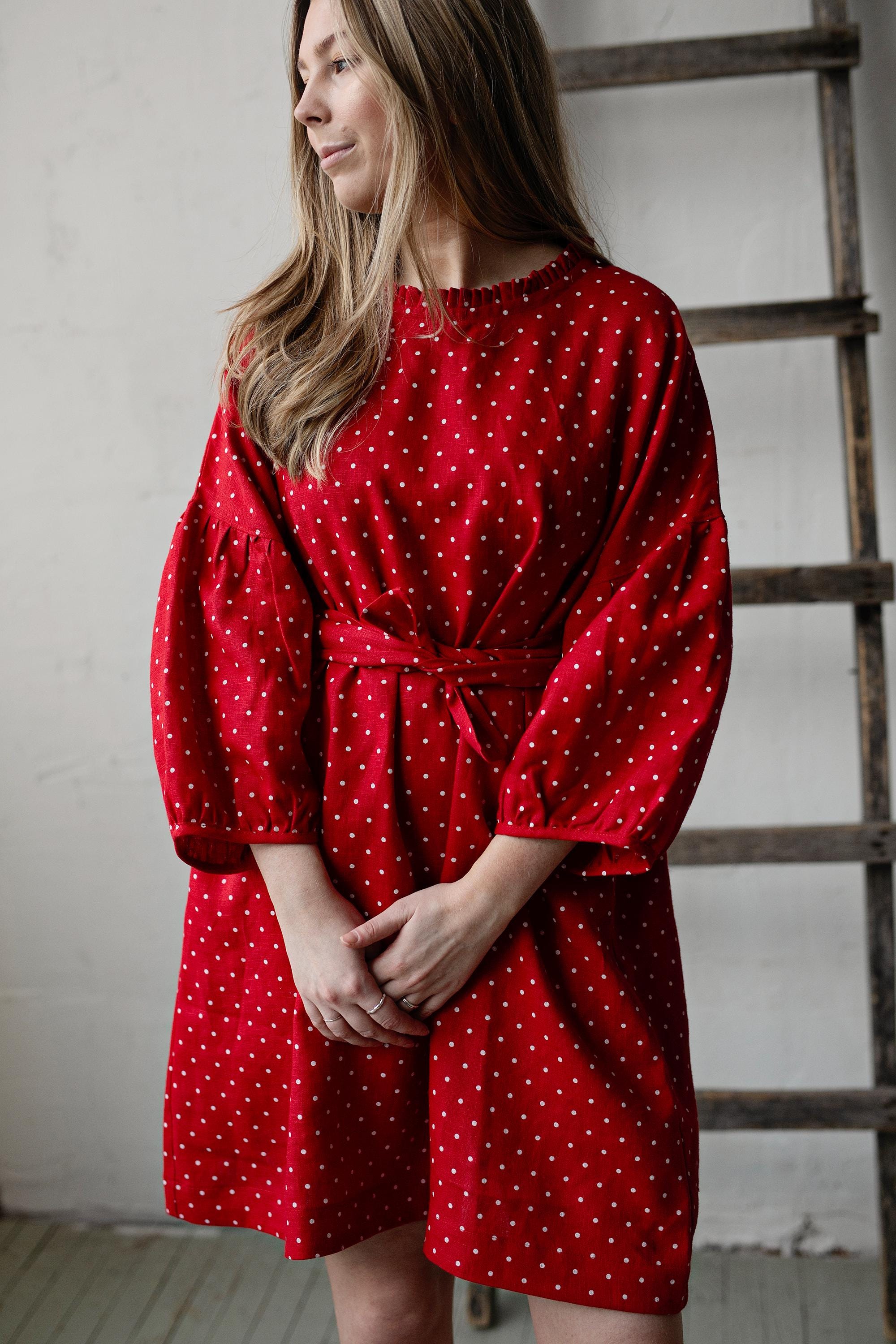 Red Polka Dot Daisy Linen Dress allthebeautifullinen Red Polka Dot Daisy Linen Dress allthebeautifullinen