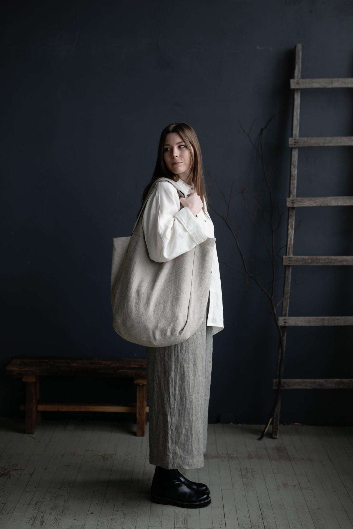 Natural Large Linen Round Bag