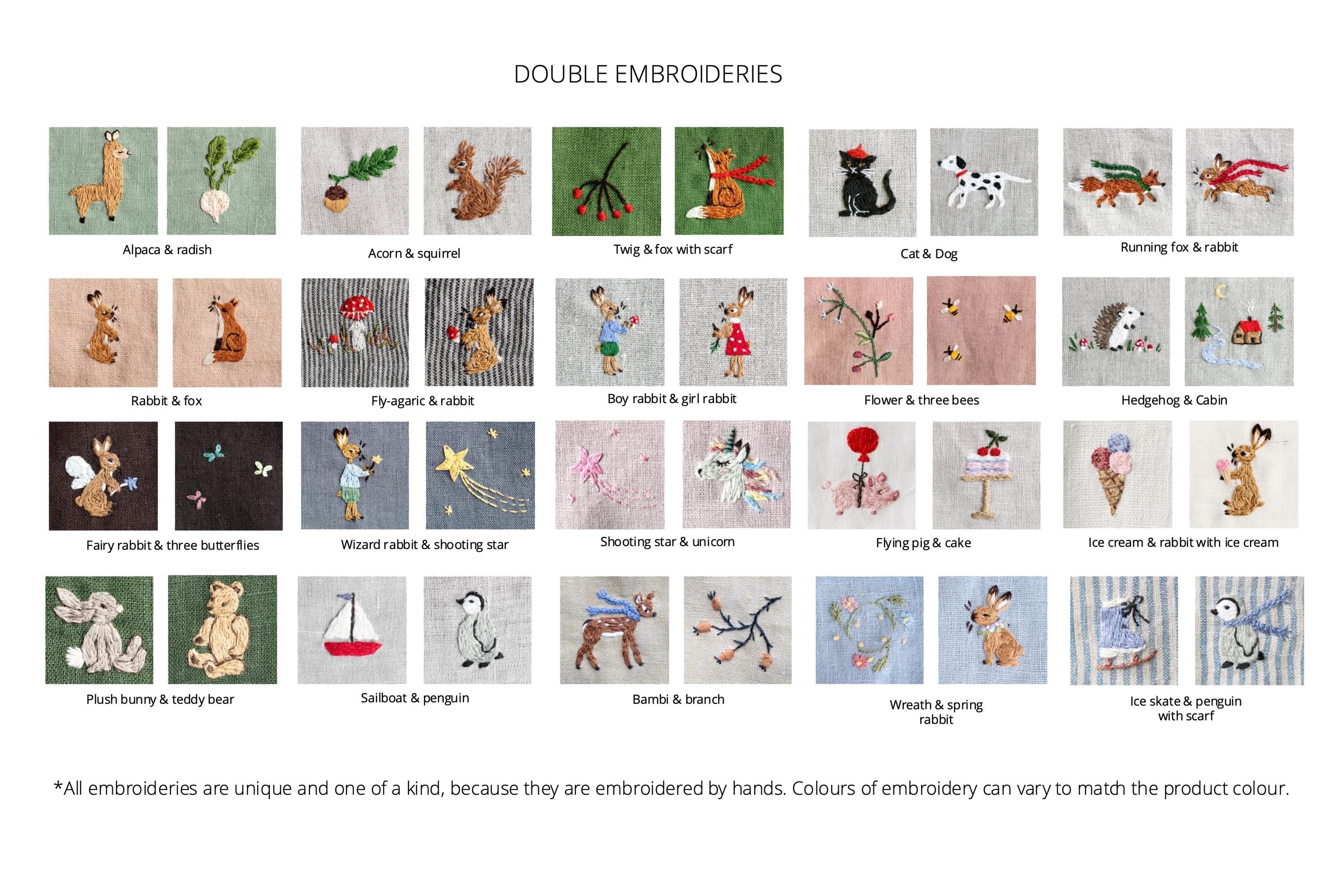 a collection of embroidered images featuring various animals and objects, including rabbits, foxes, dogs, and more. The embroidery is done by hand, and the colors of the embroidery vary to match the product&amp;