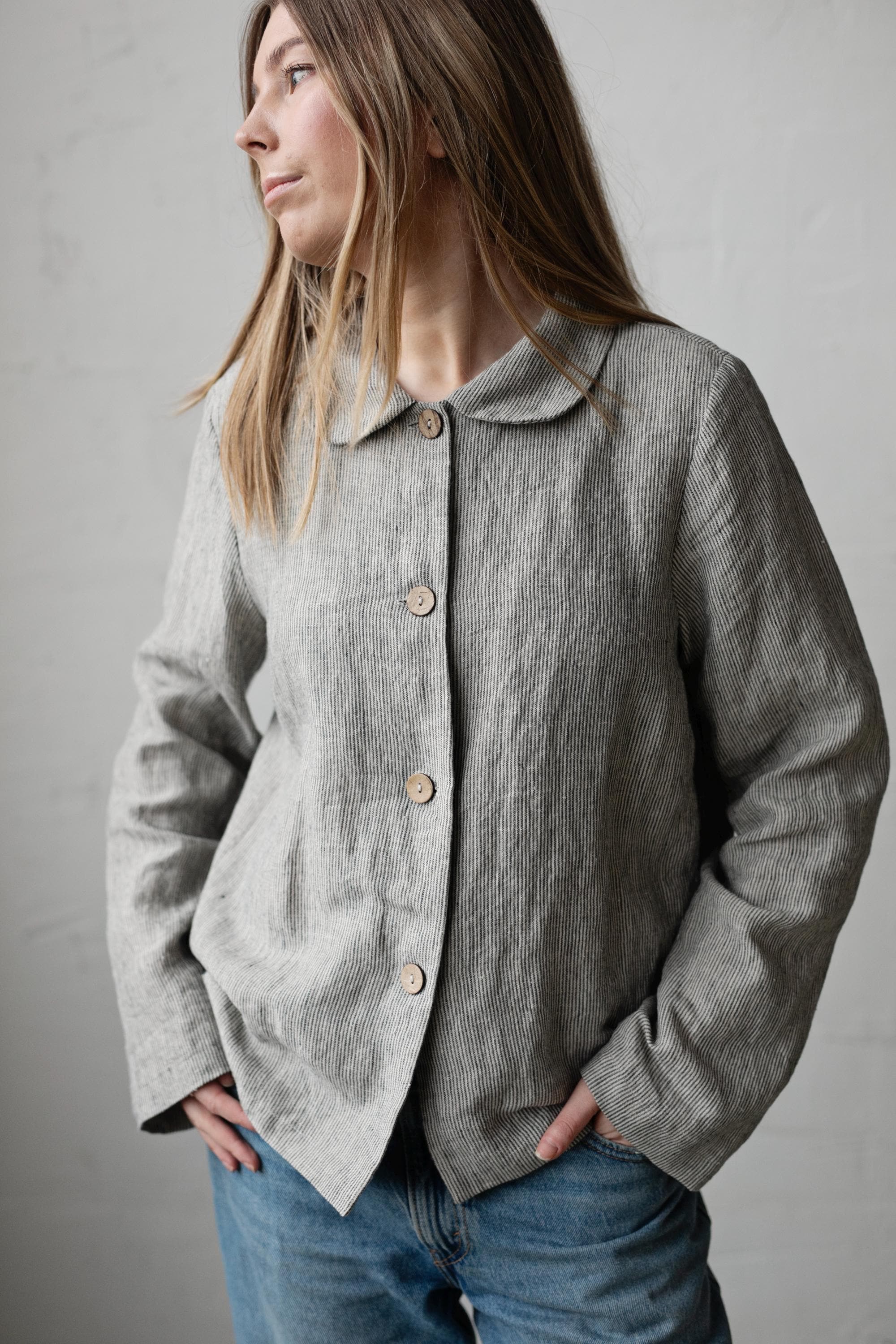 B&amp;W Stripe Festive Peter Pan Collar Linen Jacket