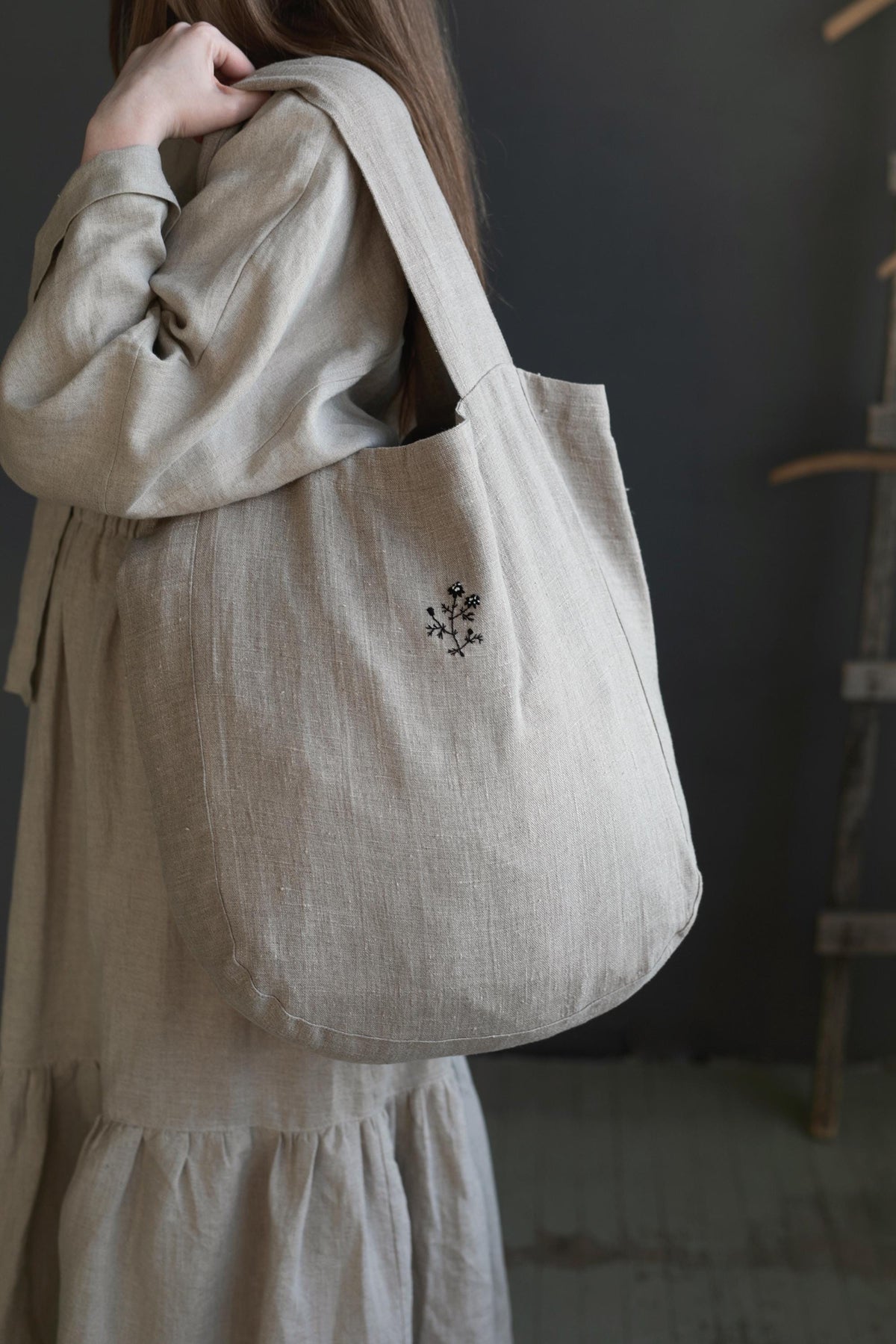 Natural Large Linen Round Bag