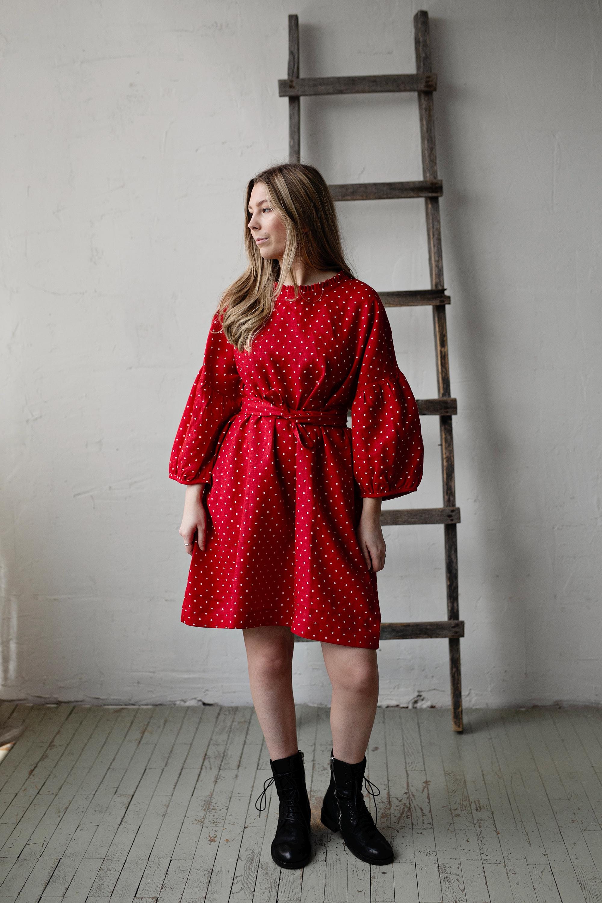 Red Polka Dot Daisy Linen Dress allthebeautifullinen Red Polka Dot Daisy Linen Dress allthebeautifullinen