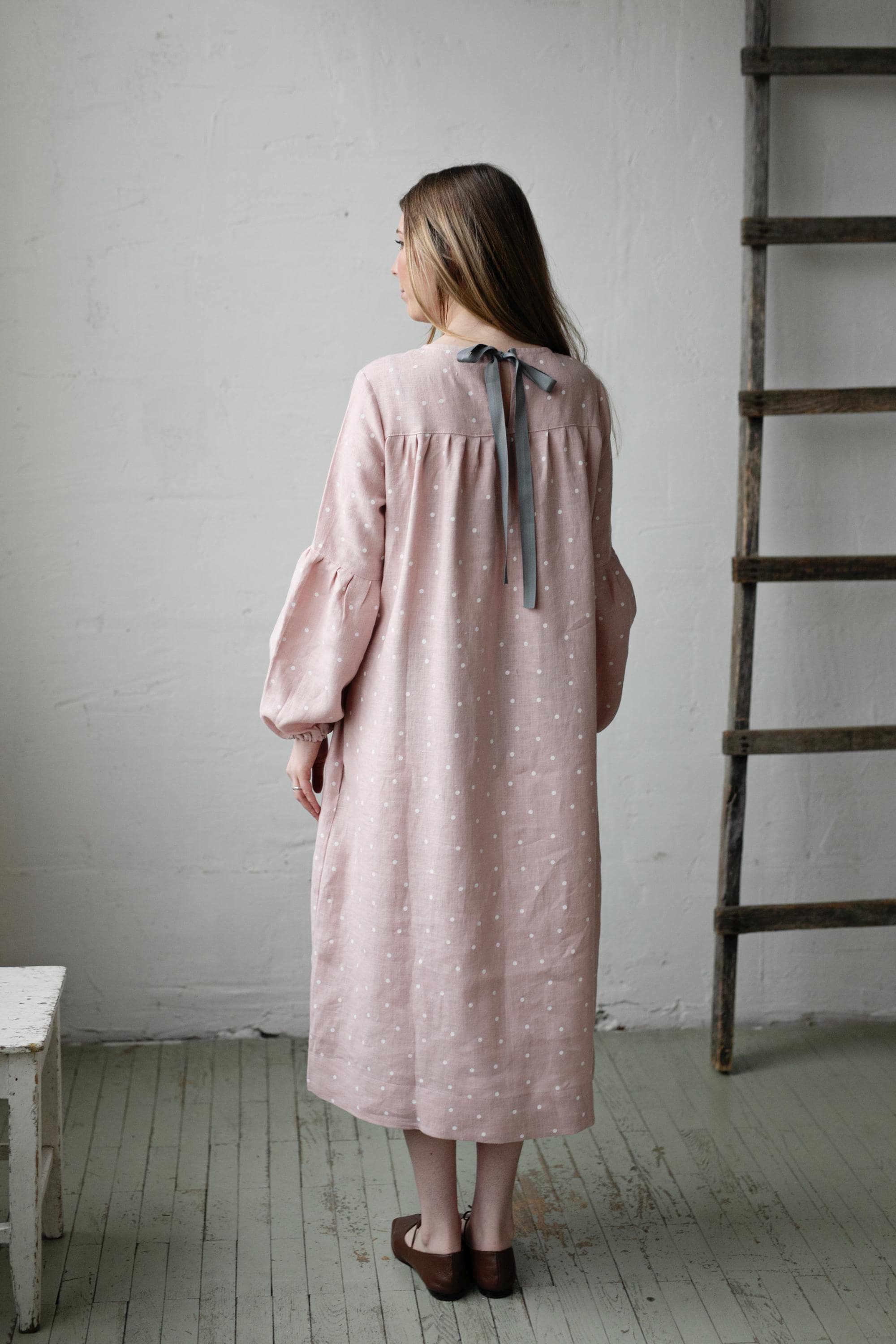 Pink Polka Dot Victorian Linen Dress, Size M (STOCK)