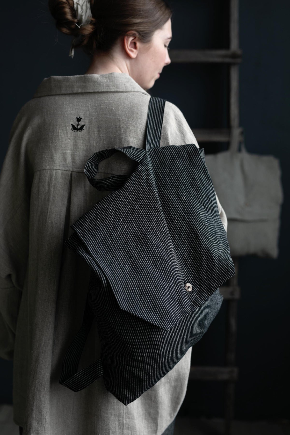 Midnight Stripe Linen Backpack