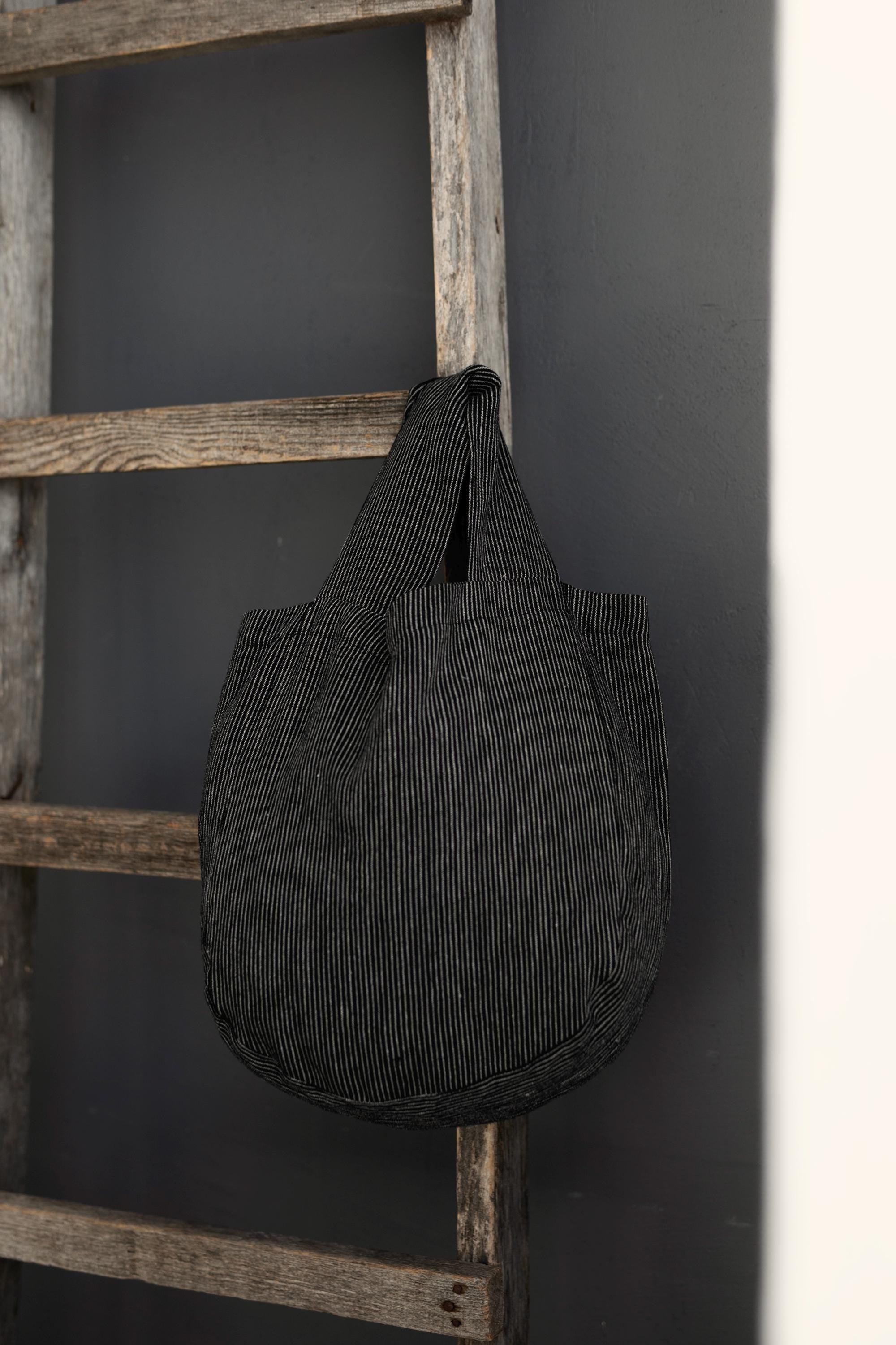 Midnight Stripe Small Round Linen Bag