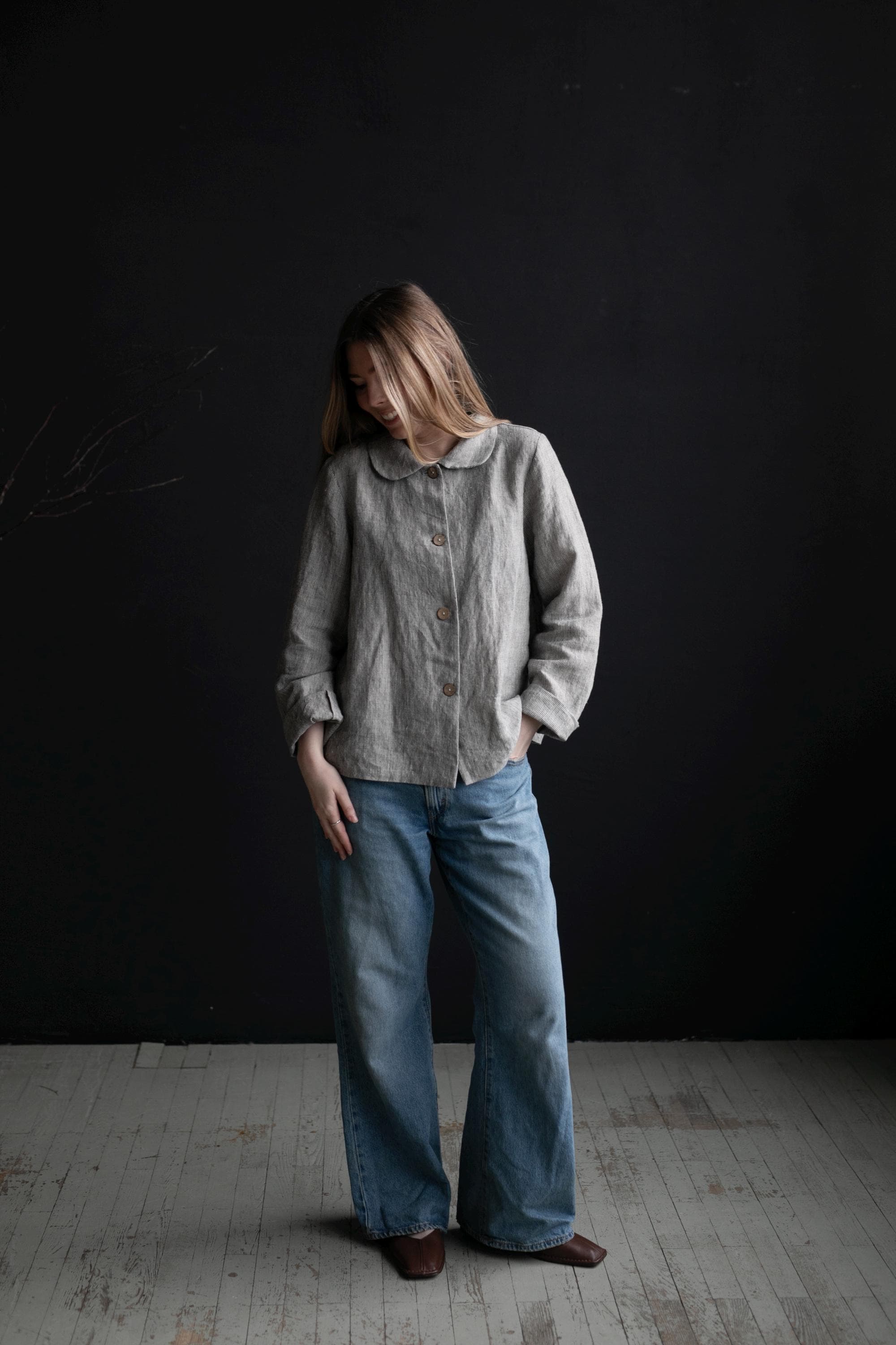 B&amp;W Stripe Festive Peter Pan Collar Linen Jacket