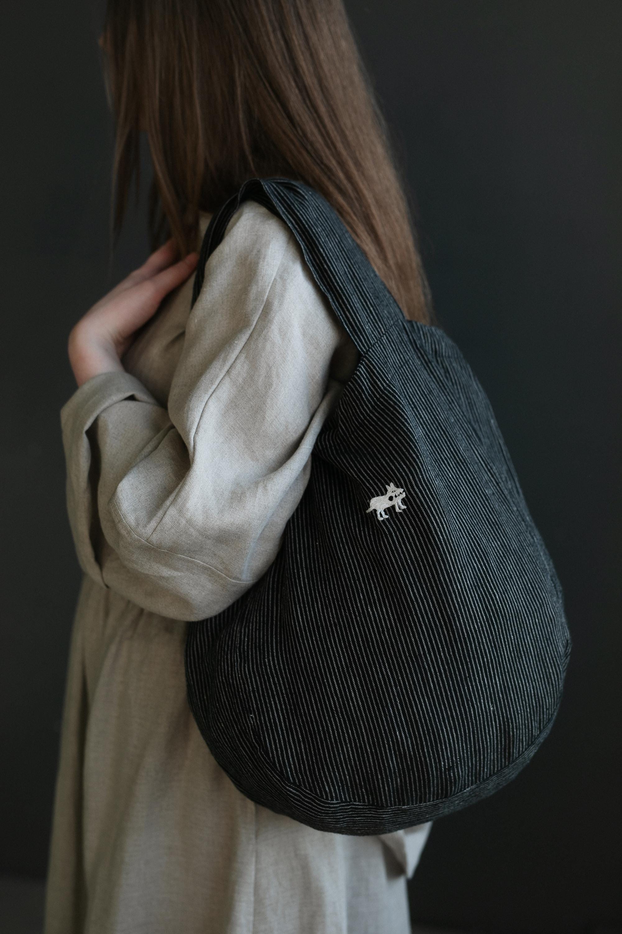 Midnight Stripe Small Round Linen Bag