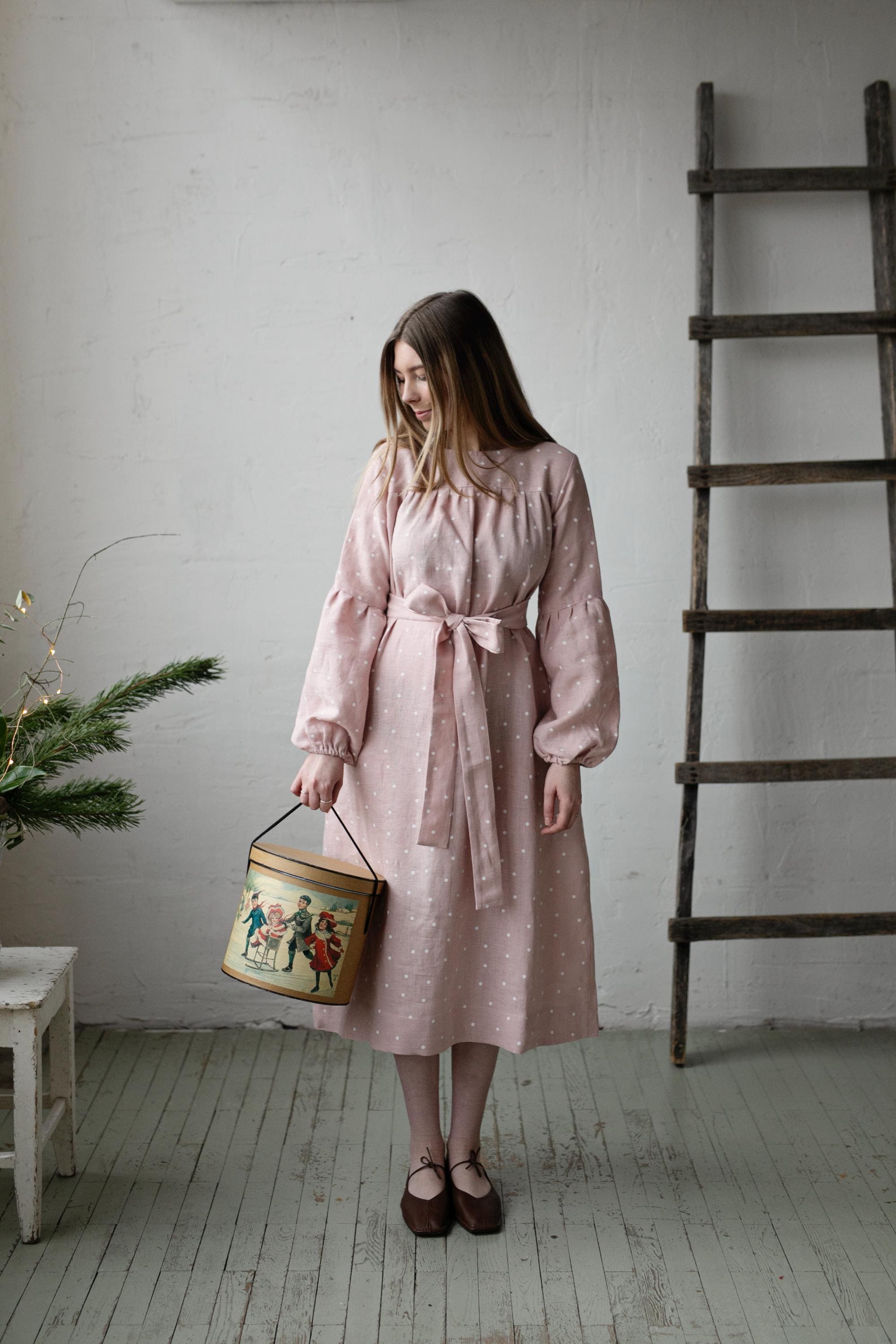 Pink Polka Dot Victorian Linen Dress, Size M (STOCK)