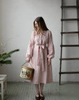 Pink Polka Dot Victorian Linen Dress, Size M (STOCK)