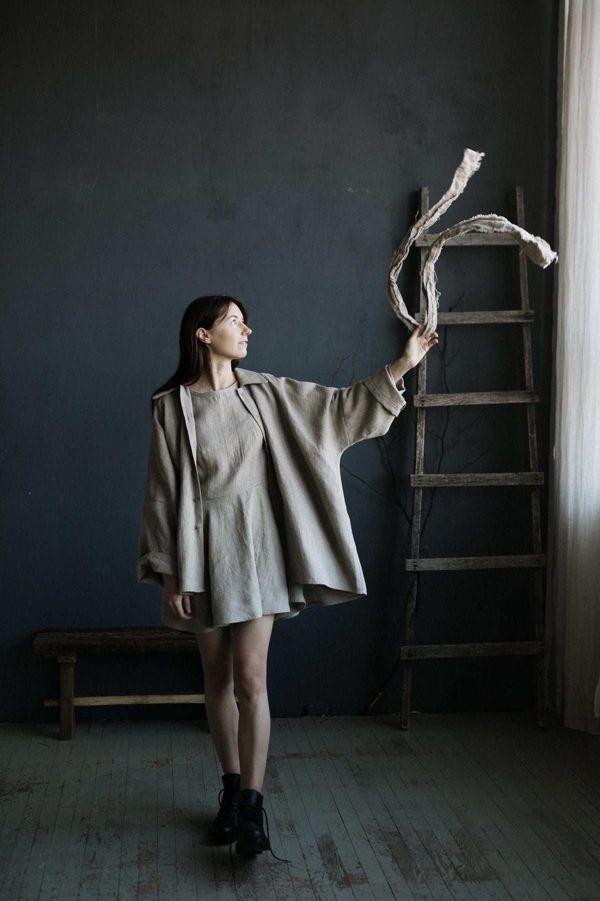 Natural Short Fitted Linen Dress