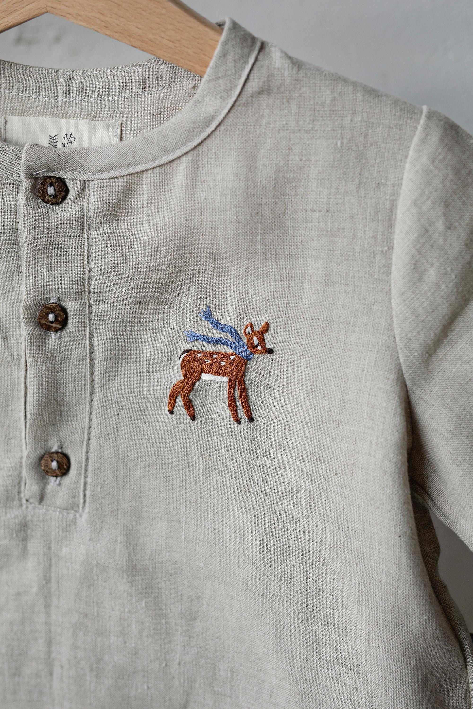 Natural Short Sleeve Button Linen Shirt, 3-4 years, Bambi embroidery (STOCK)