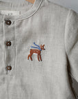Natural Short Sleeve Button Linen Shirt, 3-4 years, Bambi embroidery (STOCK)