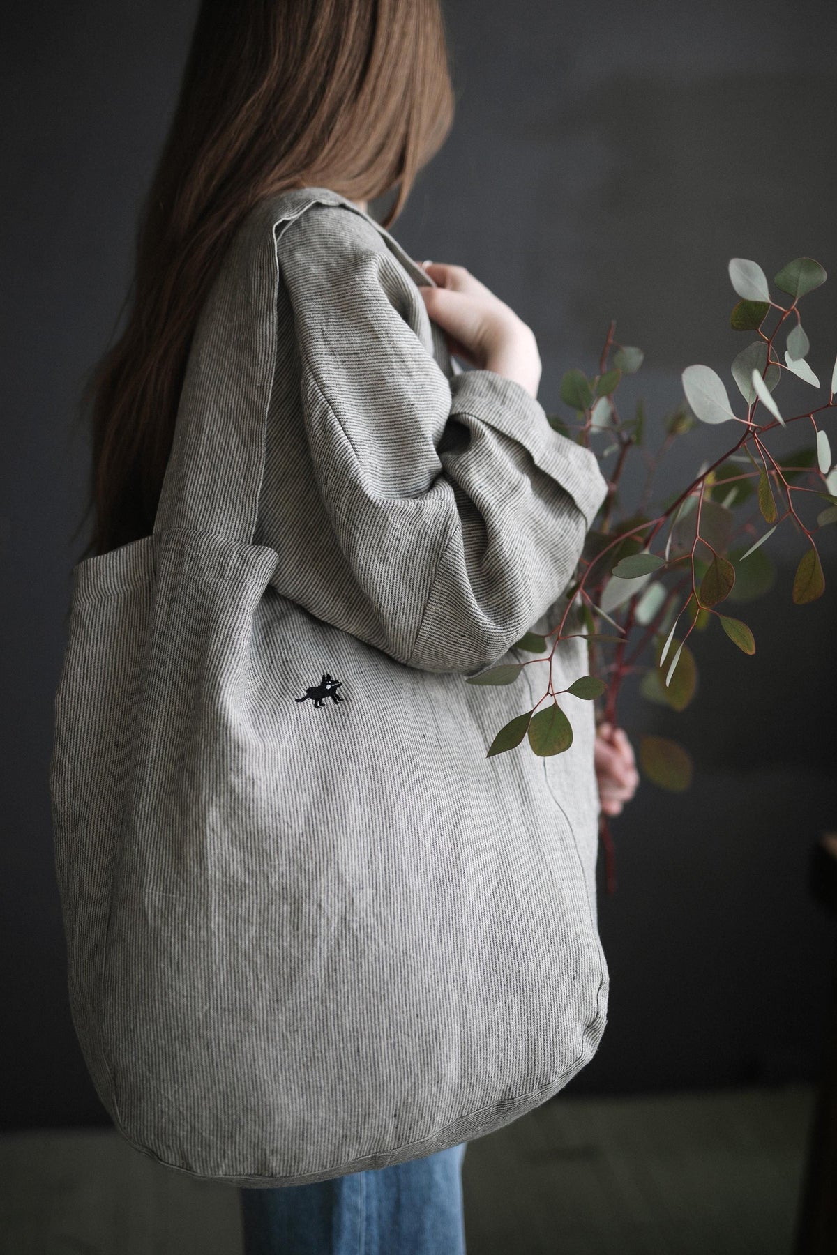 B&amp;W Stripe Large Linen Round Bag