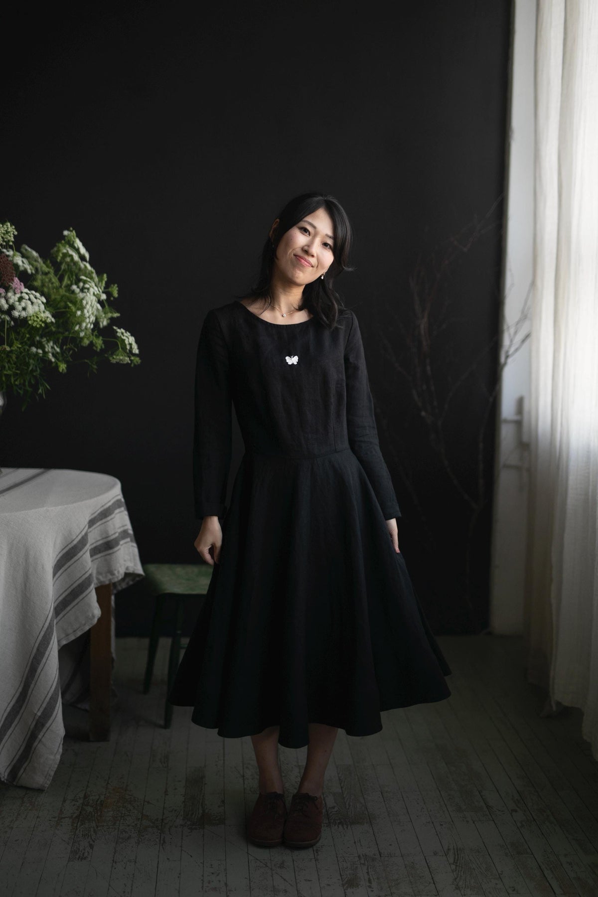 Black Midi Fitted Linen Dress