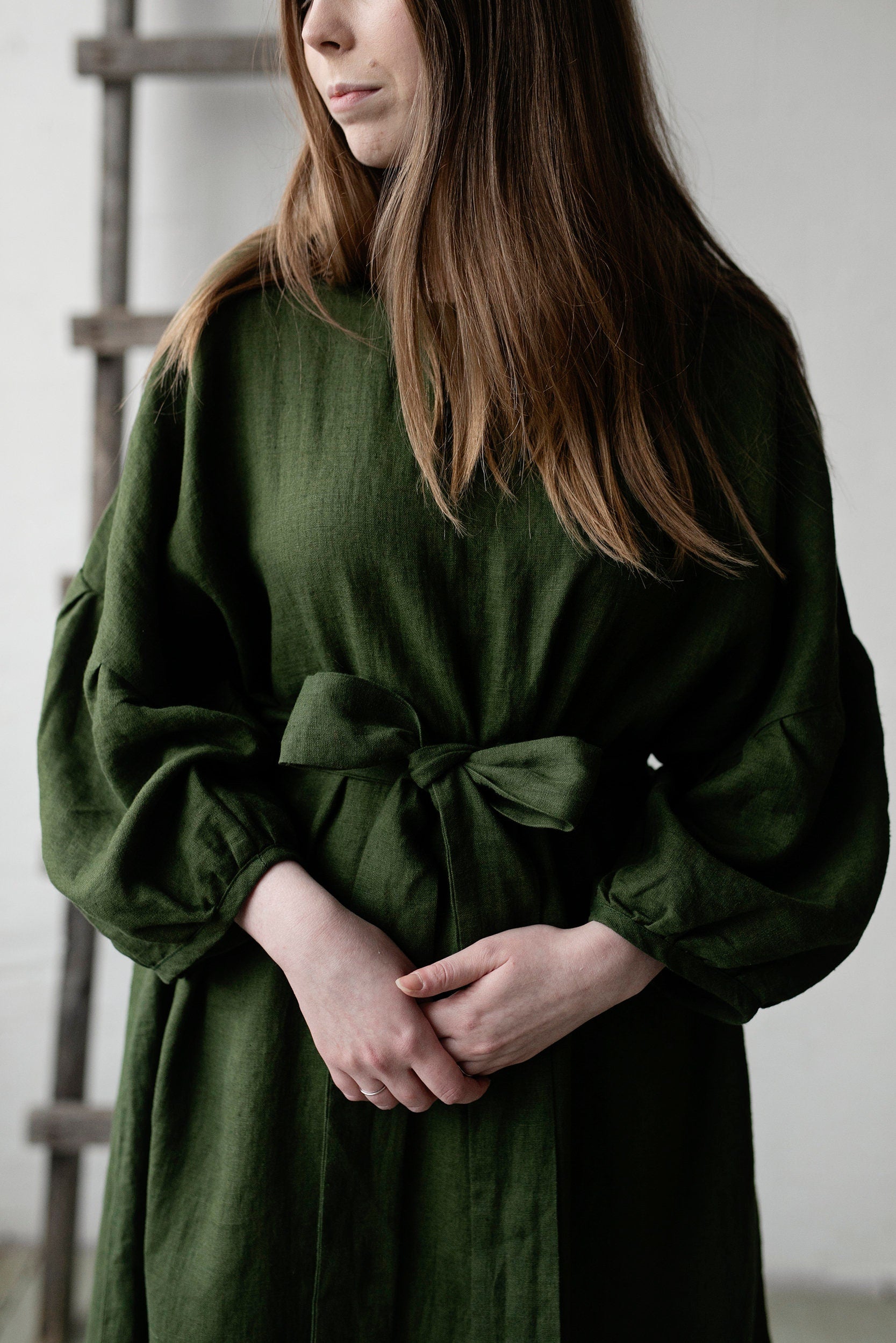 Forest Green Kimono Linen Dress (STOCK)