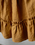 a close-up view of a brown fabric, possibly a skirt or a dress, with a ruffled or pleated design.
