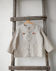 Natural Long Sleeve Classic Linen Shirt, Size 4-5 years, Running fox & rabbit embroidery (STOCK)