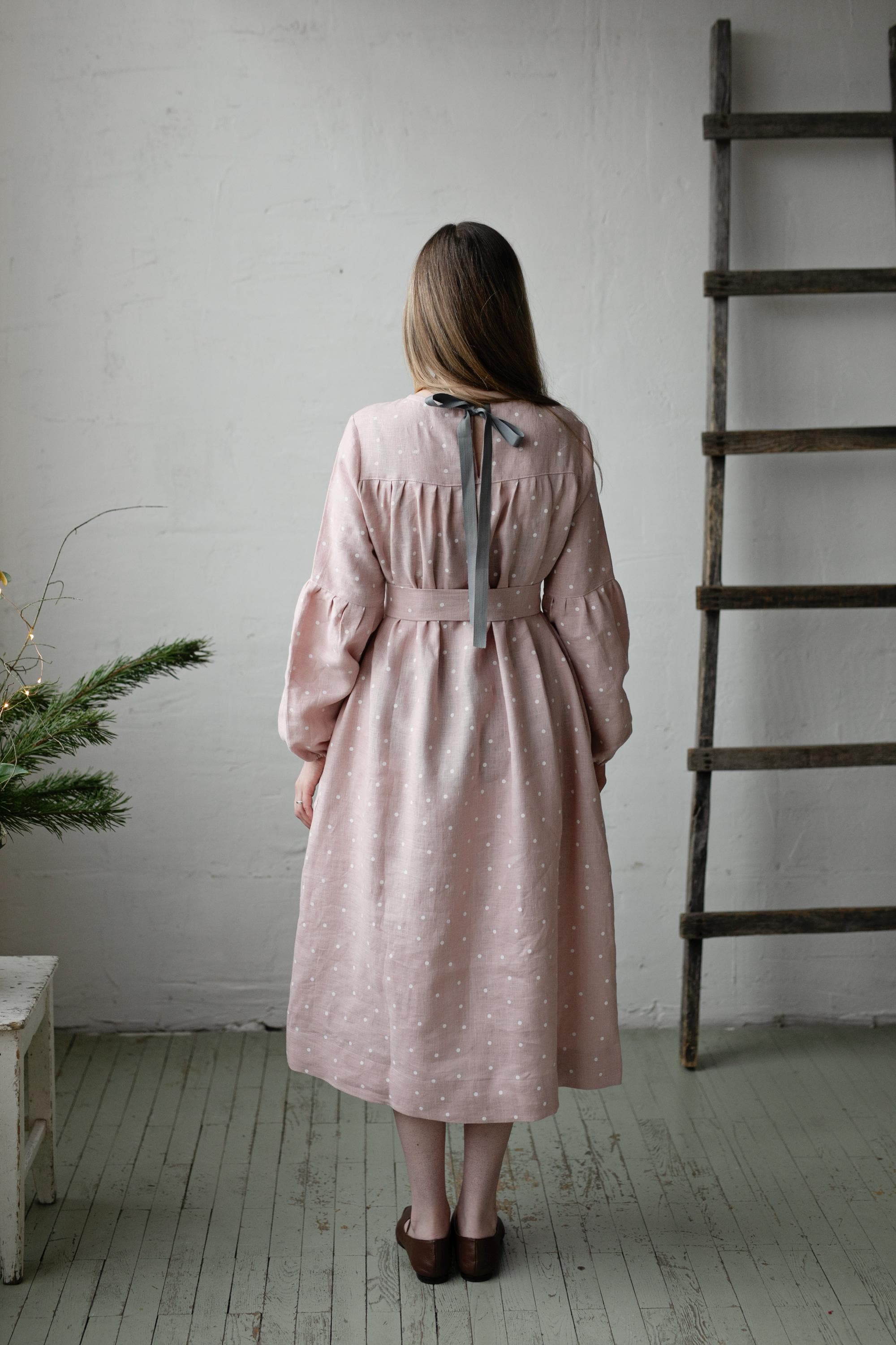 Pink Polka Dot Victorian Linen Dress, Size M (STOCK)