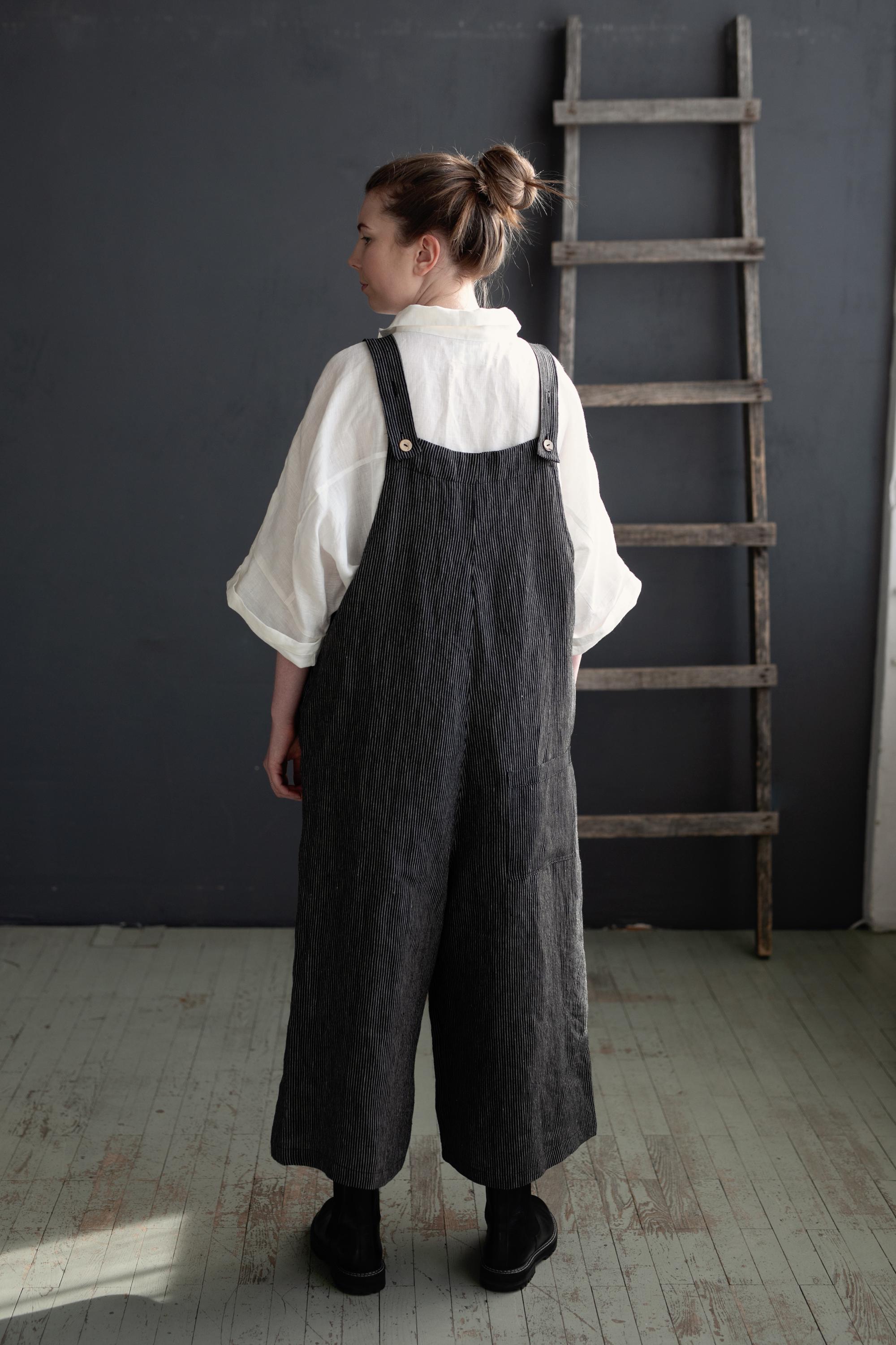 Midnight Stripe Linen Overalls