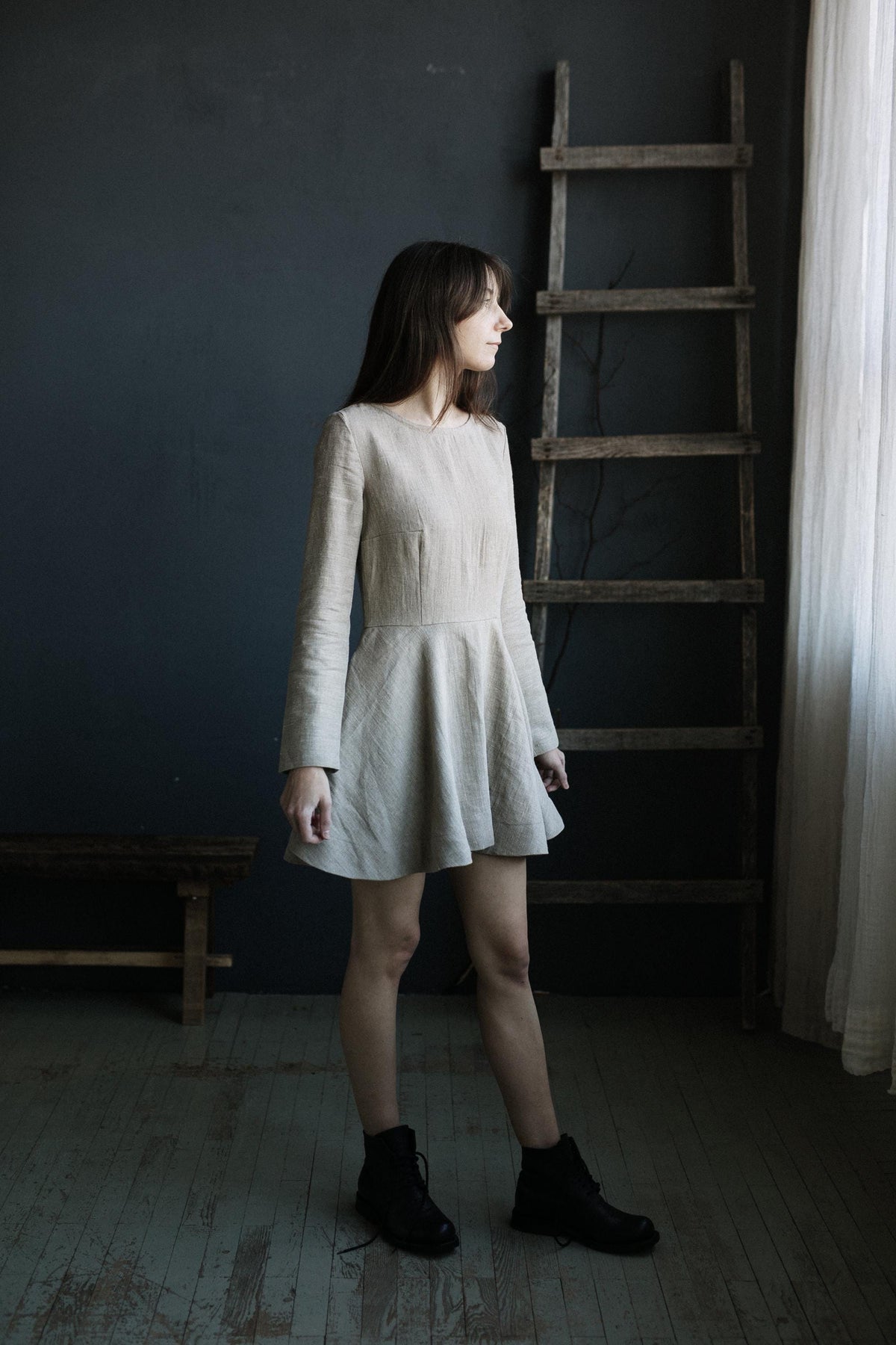 Natural Short Fitted Linen Dress