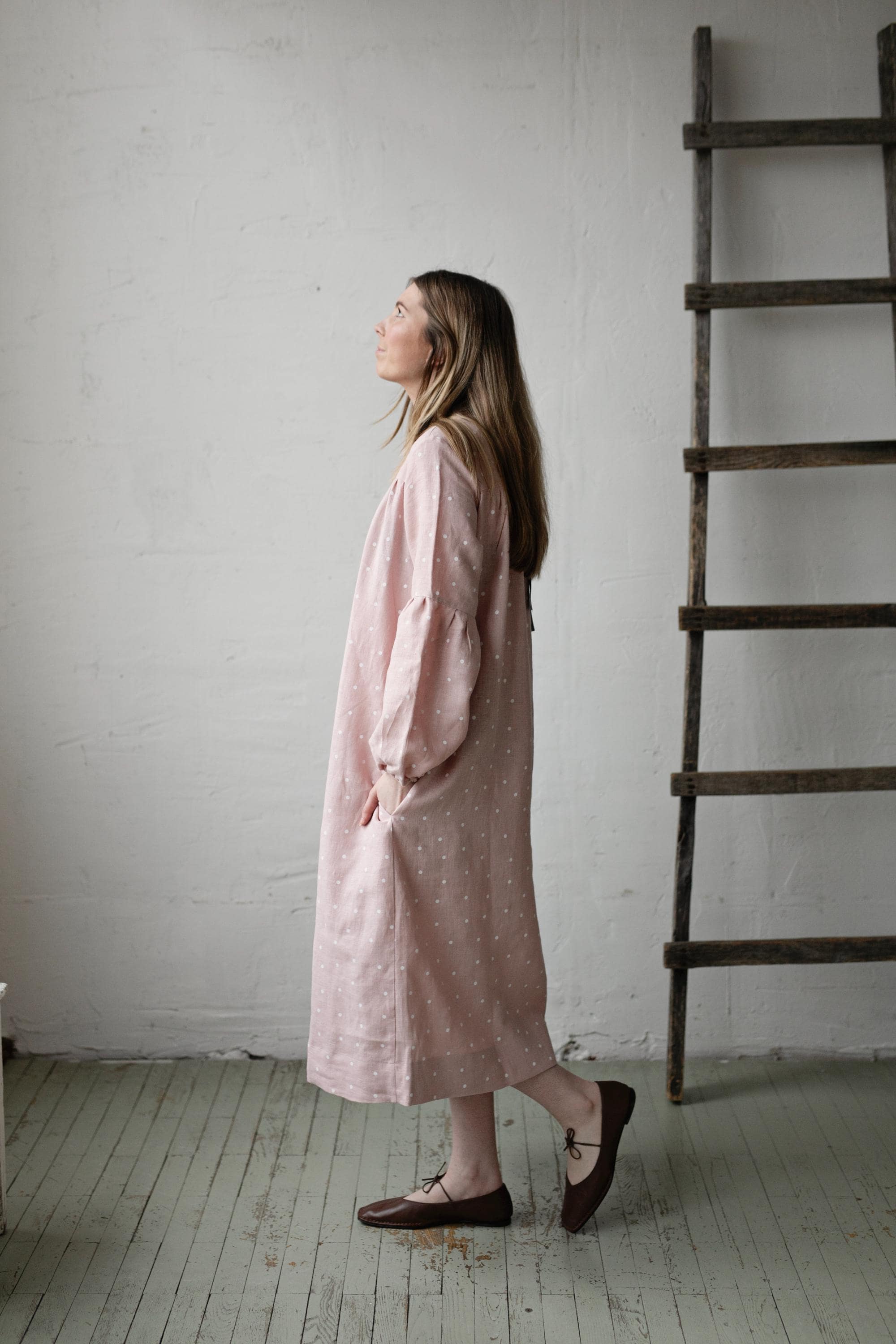 Pink Polka Dot Victorian Linen Dress, Size M (STOCK)