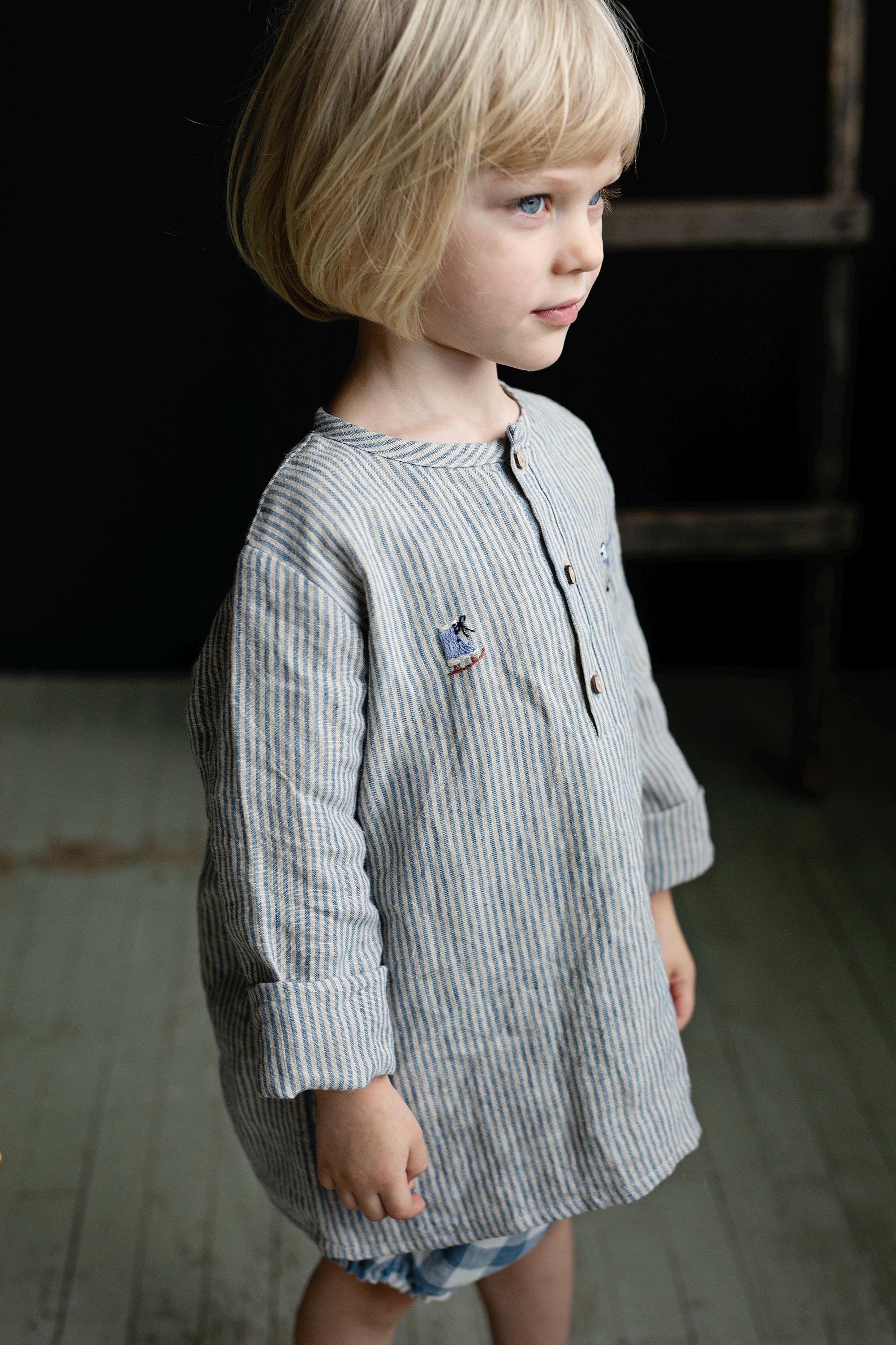 Steel Stripe Long Sleeve Button Linen Shirt