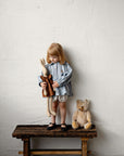 Baby Blue Linen Tunic Dress, 3-4 years, Wreath & spring rabbit embroidery (STOCK)