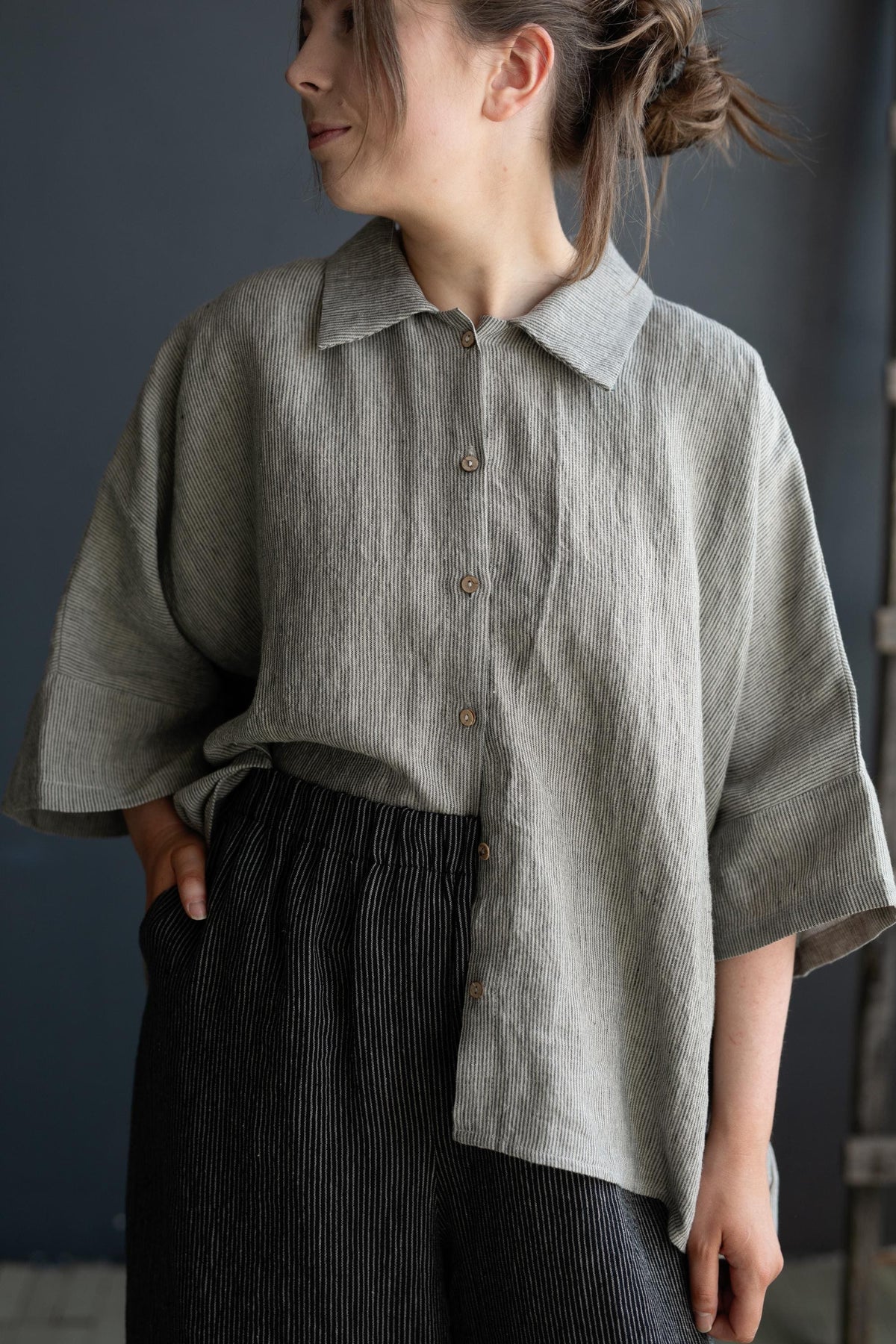 B&amp;W Stripe 3/4 Linen Shirt