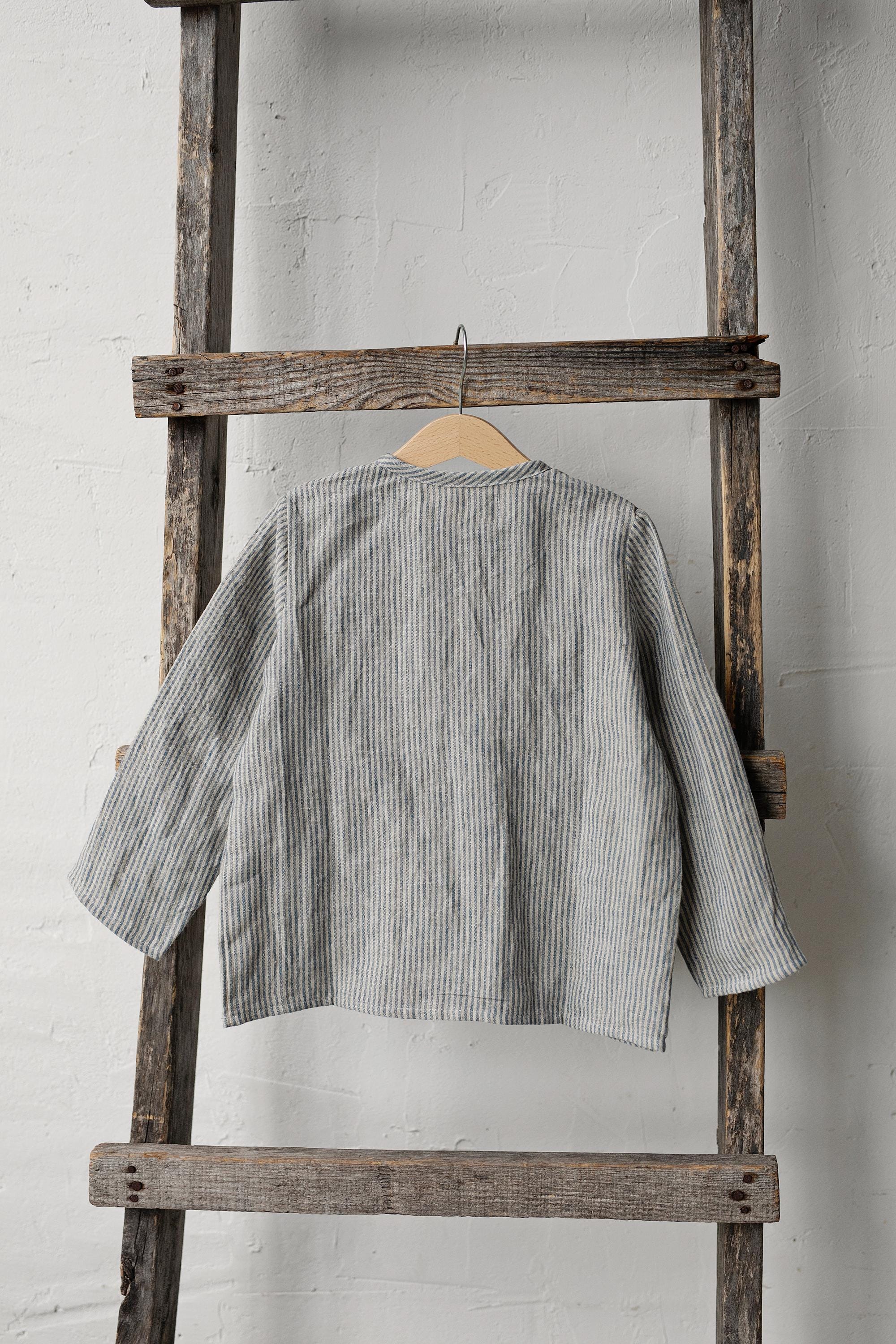 Steel Stripe Long Sleeve Button Linen Shirt