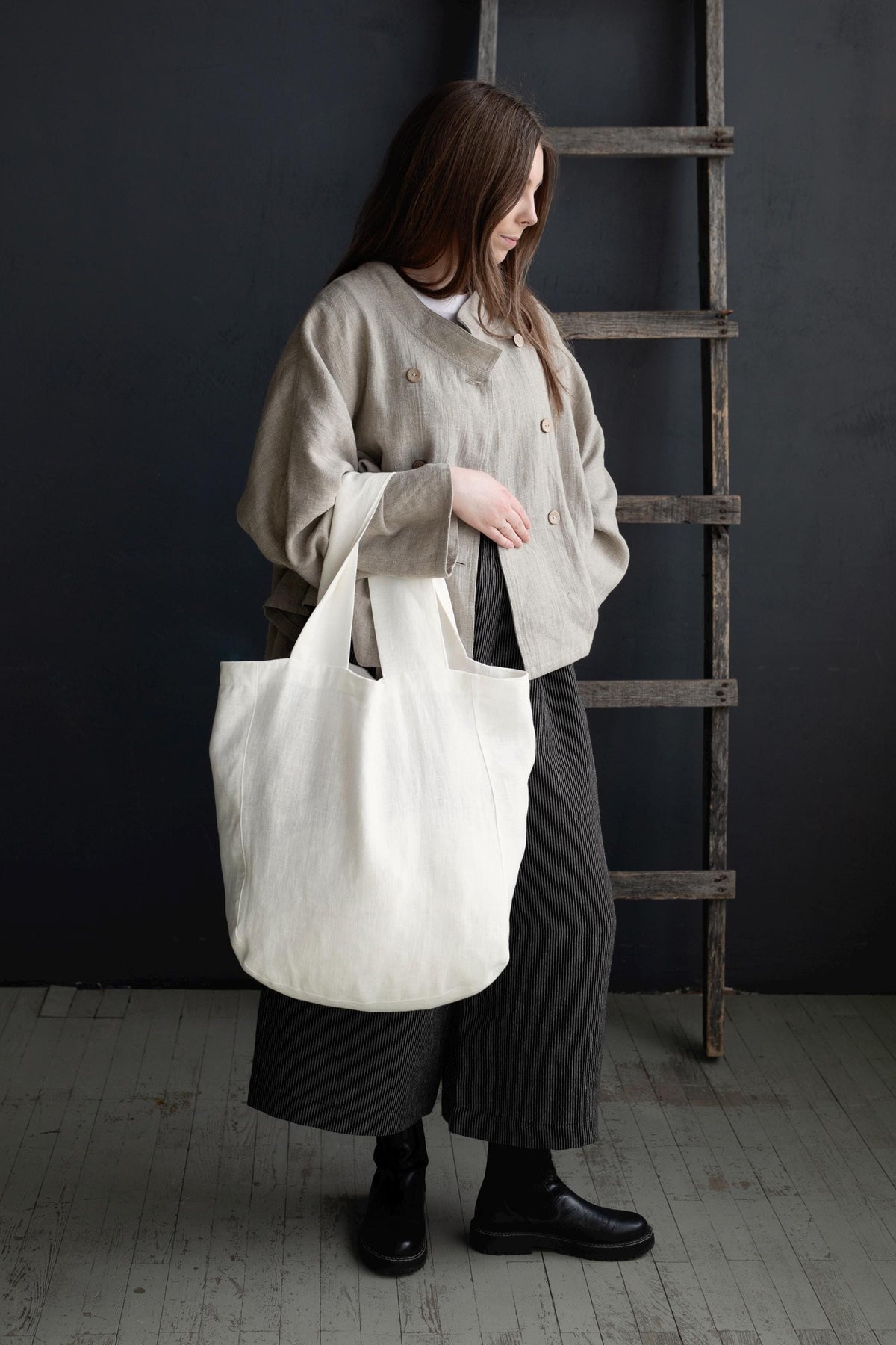 White Large Linen Round Bag