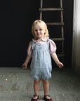 Baby Blue Linen Romper, 1-2 years, Penguin embroidery (STOCK)