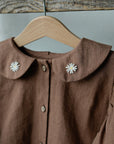 Caramel Linen Tunic Dress, 4-5 years, Two white flowers embroidery (STOCK)