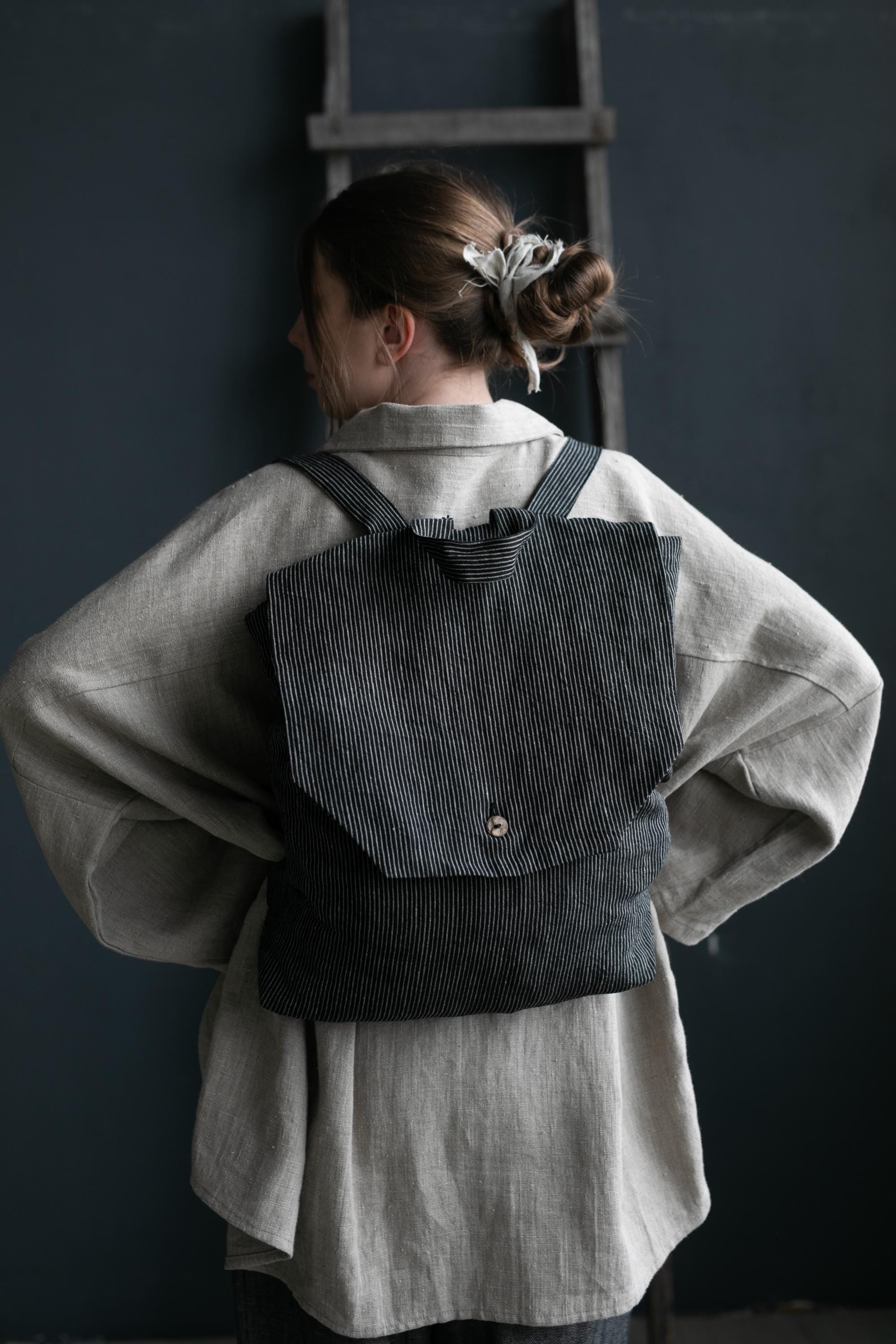 Midnight Stripe Linen Backpack