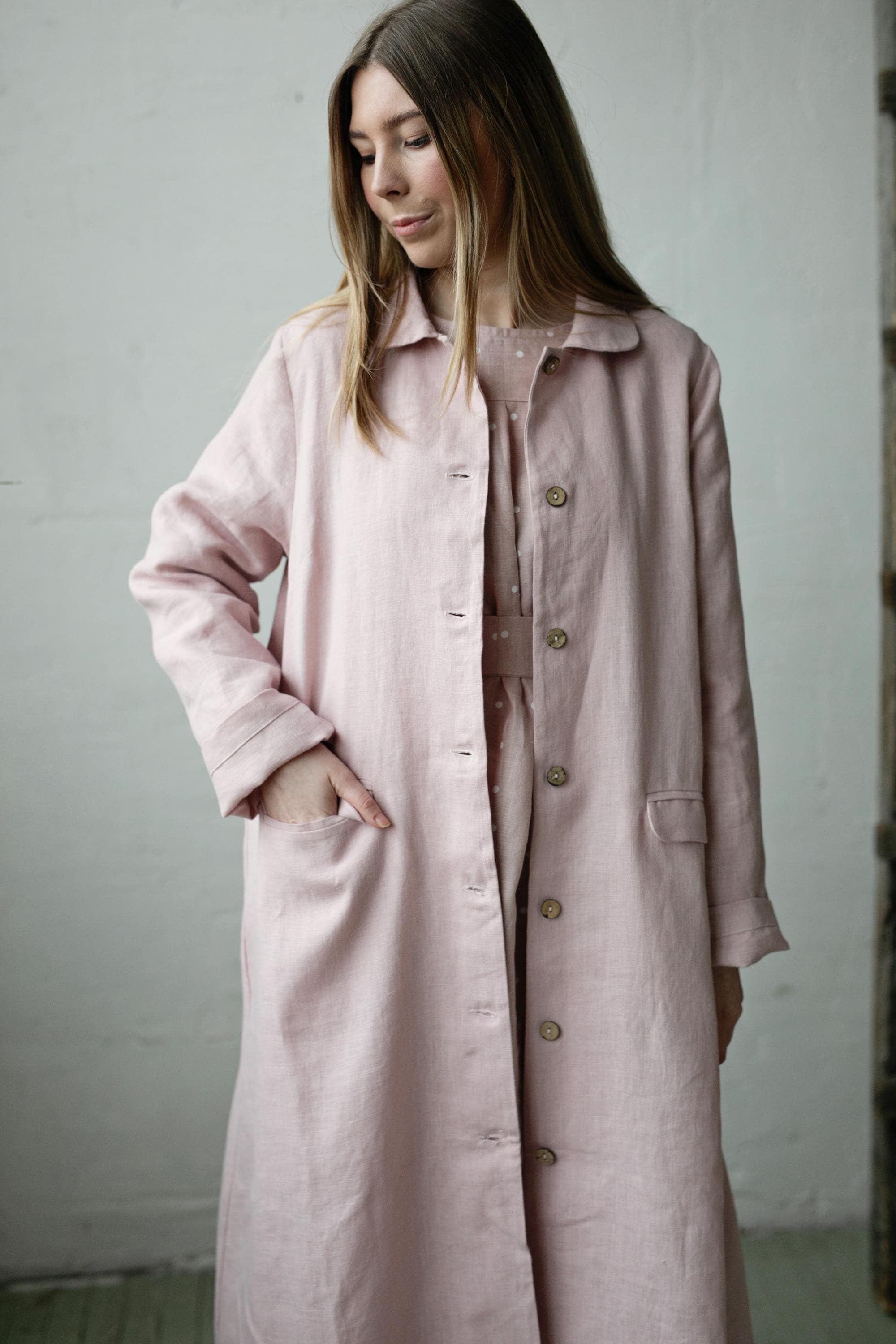Baby Pink Classic Linen Coat, Size XL (STOCK)