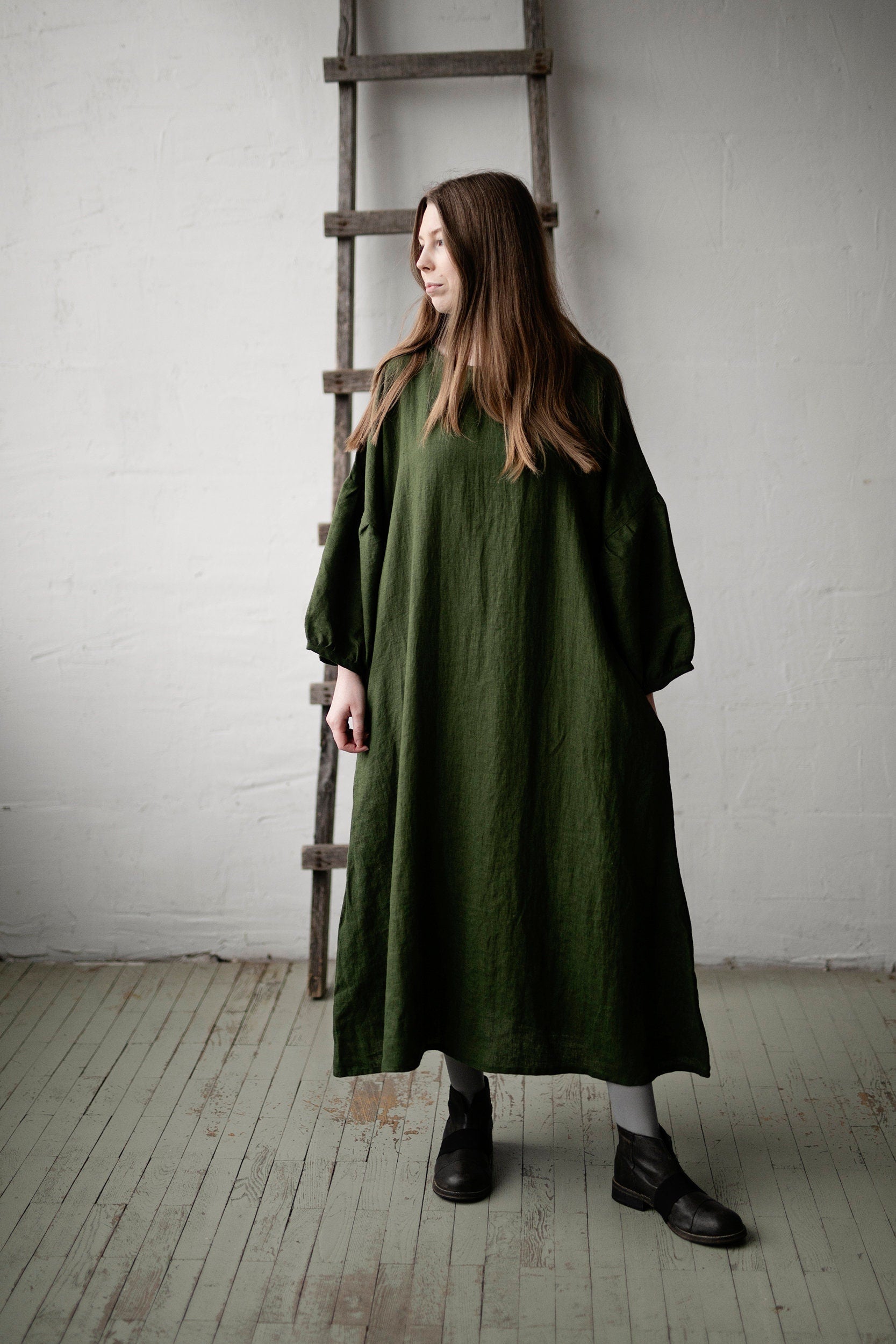 Forest Green Kimono Linen Dress (STOCK)