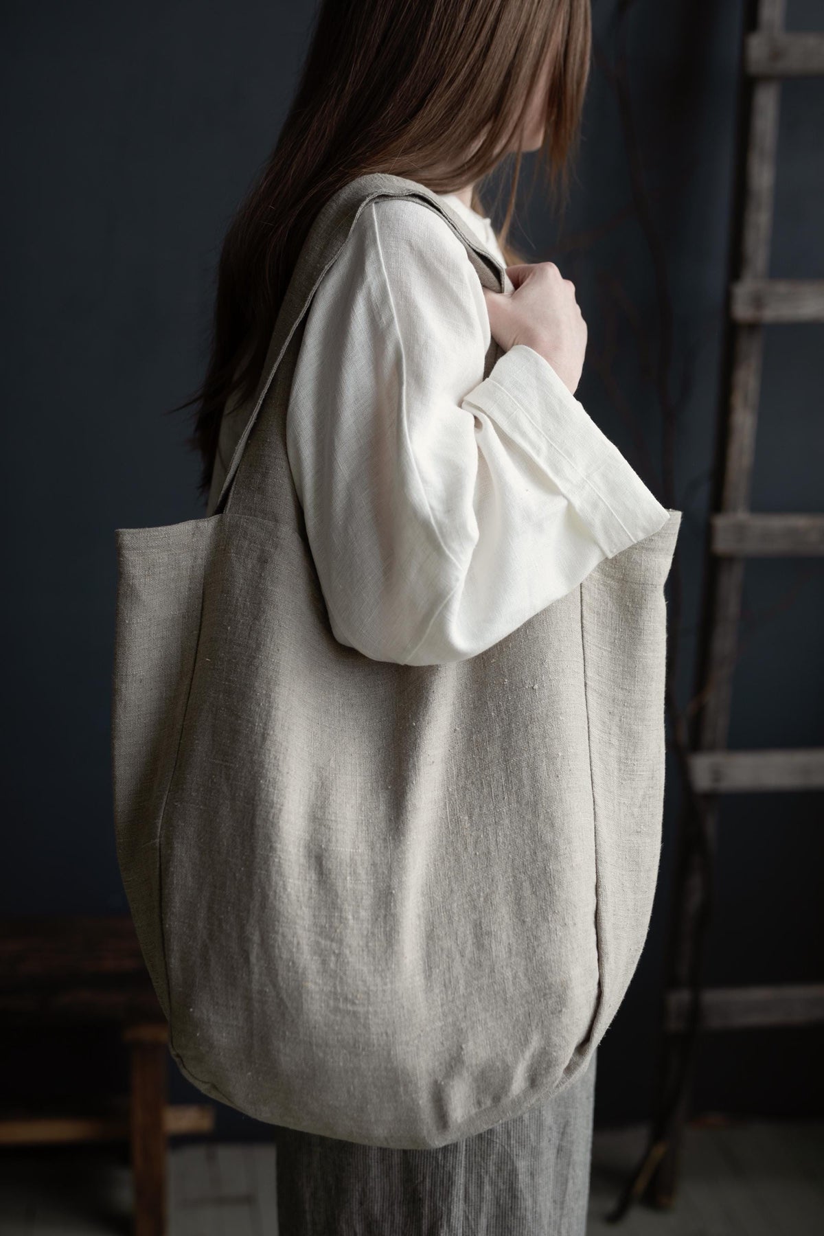 Natural Large Linen Round Bag