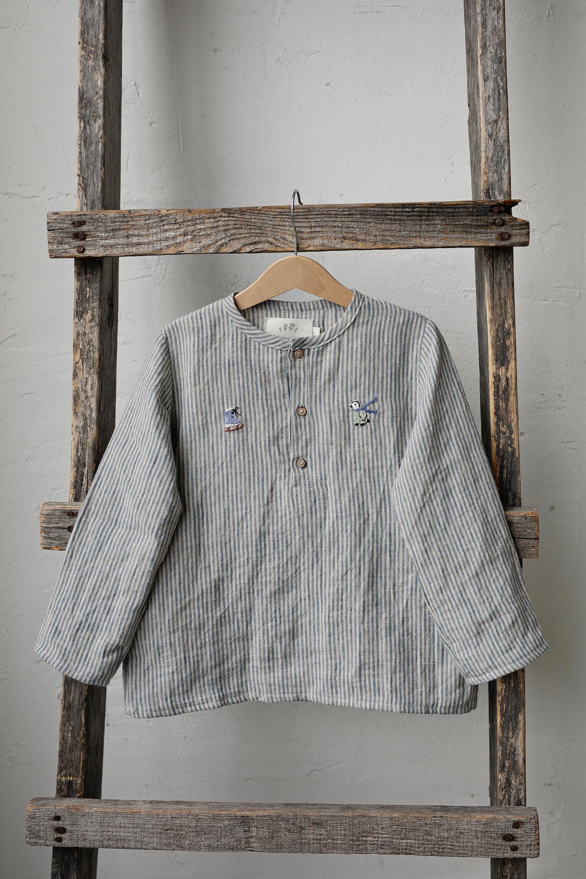 Steel Stripe Long Sleeve Button Linen Shirt