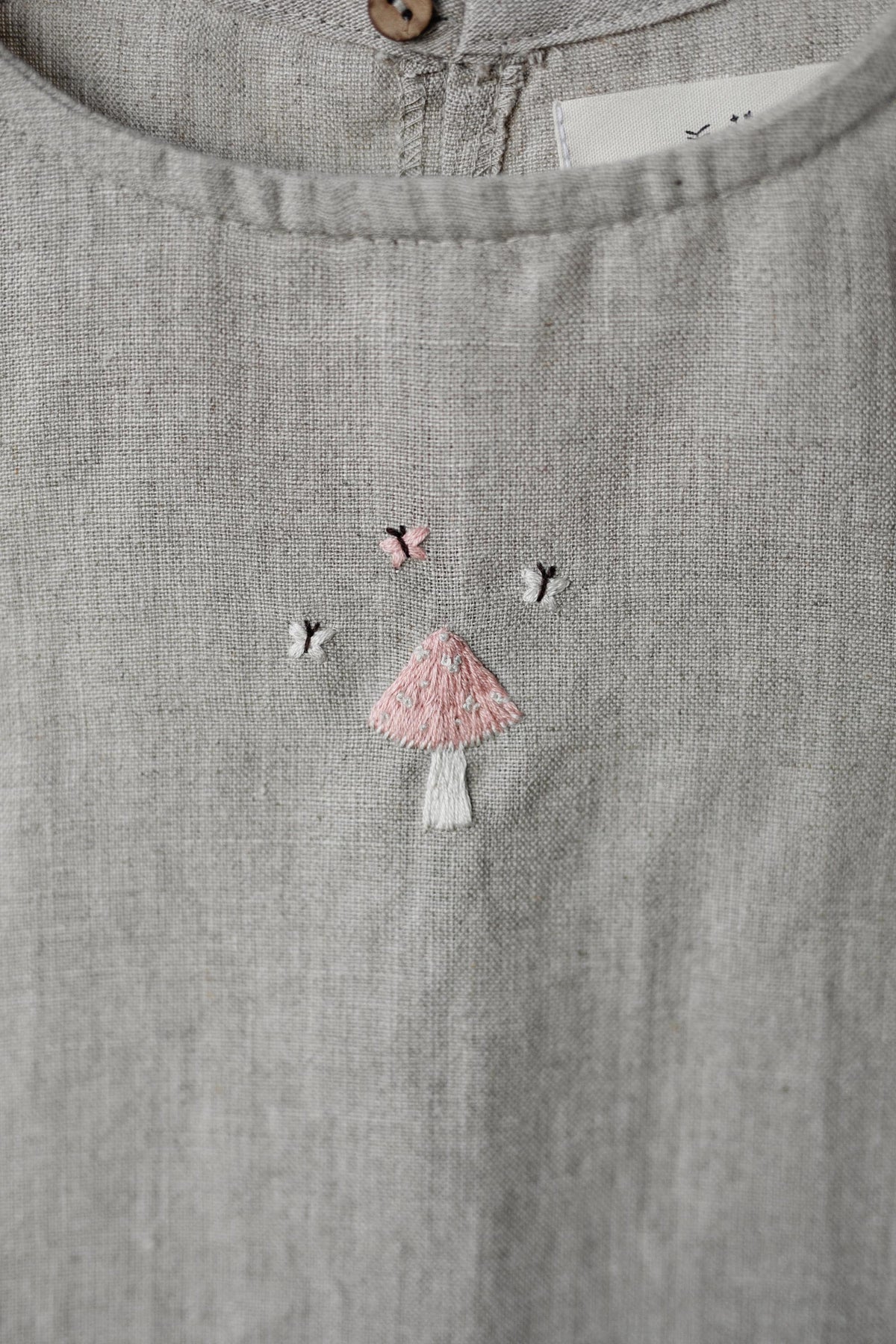 Natural Linen Shirt with Wings, Size 4-5 years, Pink mushroom embroidery (STOCK)