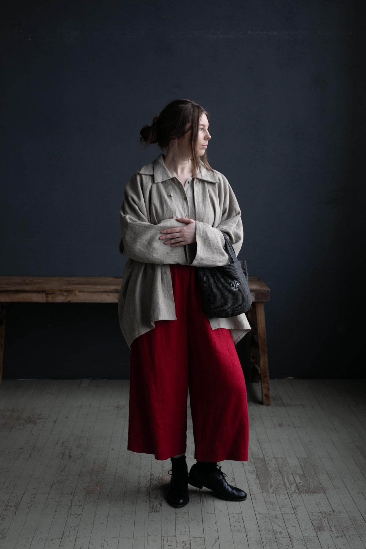 Midnight Stripe Mini Round Linen Bag