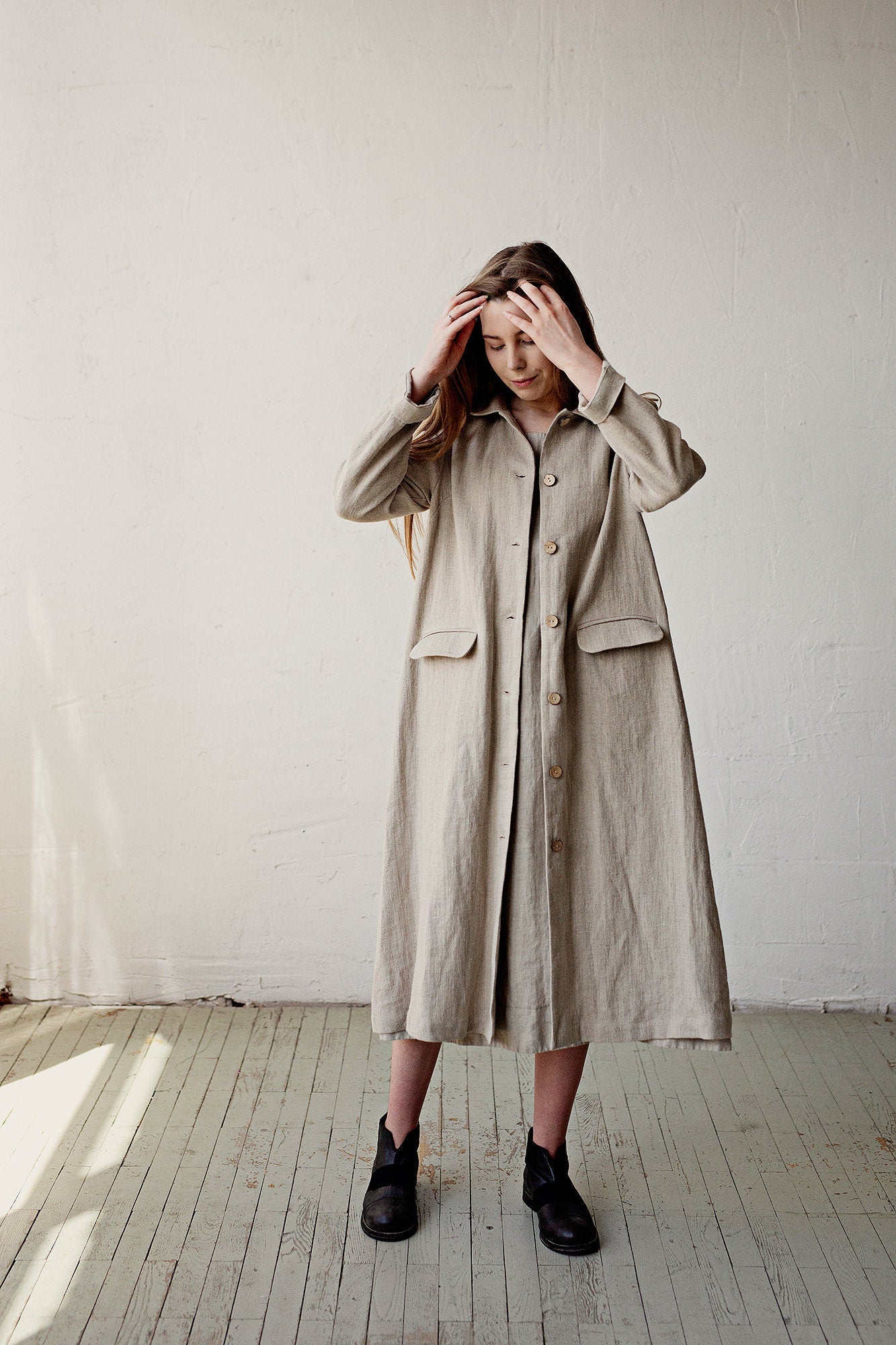 Natural Classic Linen Coat, Size XL (STOCK)