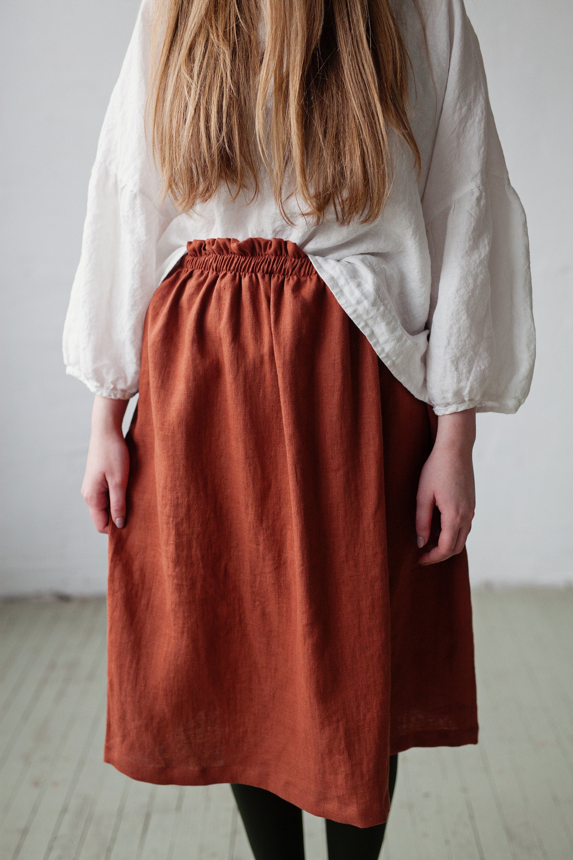 Rust Classic Midi Linen Skirt, Size L
