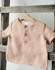 Dusty Rose Short Sleeve Button Linen Shirt, Size 4-5 years