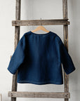 Navy Blue Long Sleeve V Neck Linen Shirt