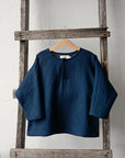 Navy Blue Long Sleeve V Neck Linen Shirt