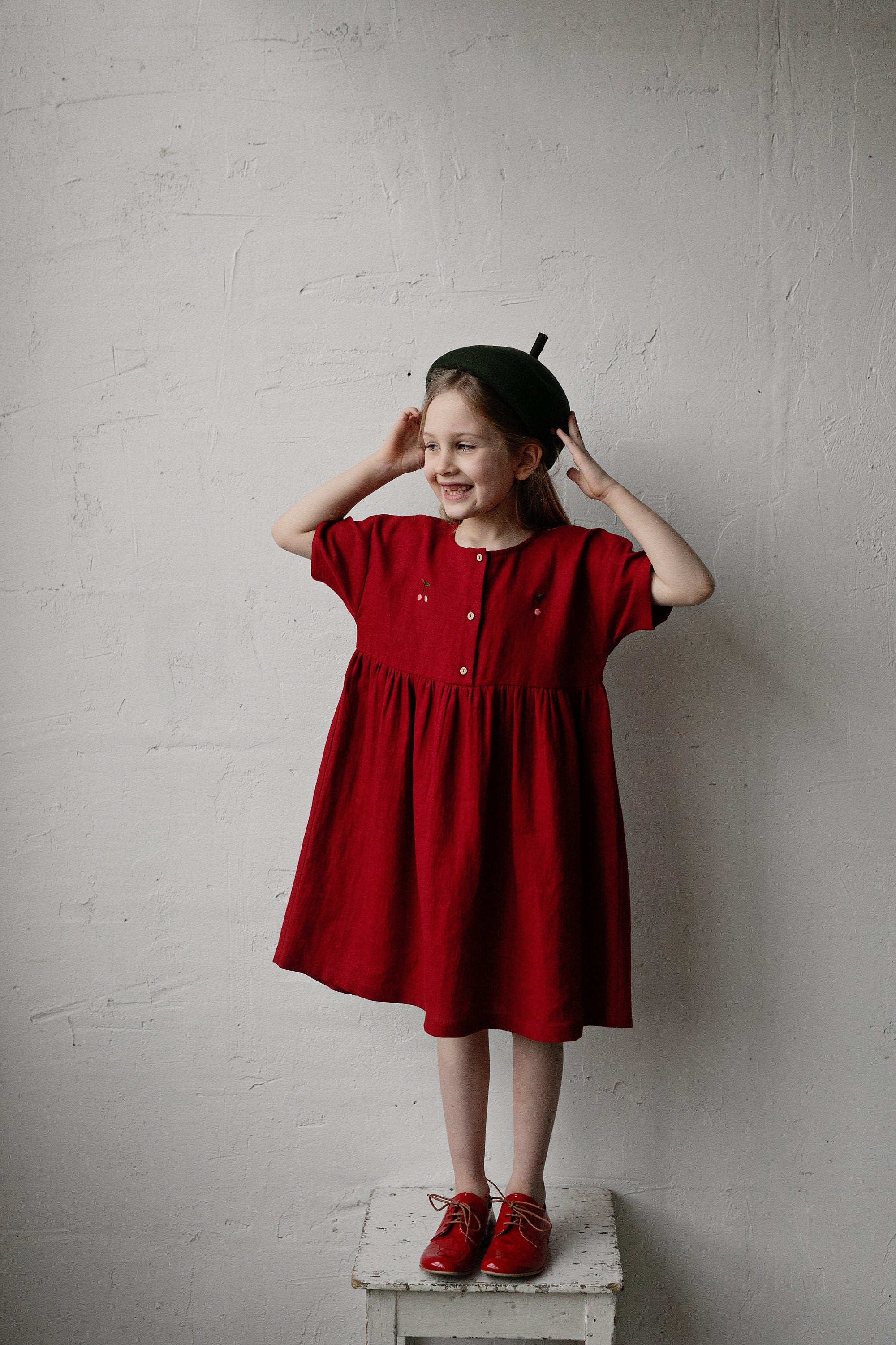 Cherry Short Sleeve Anemone Linen Dress