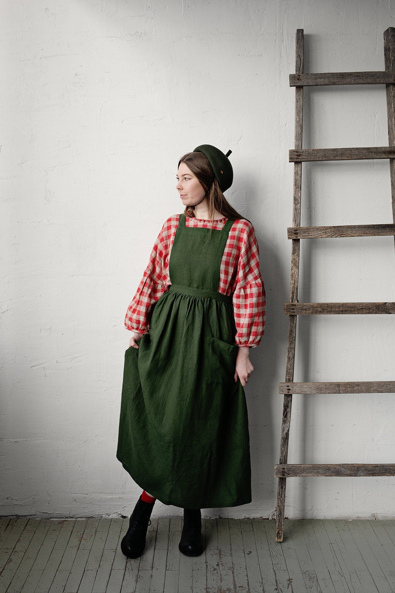 Forest Green Linen Long Cross Back Pinafore