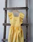 Yellow Linen Cross Back Pinafore with Wings, Hot air Balloon embroidery, Size 4-5 years